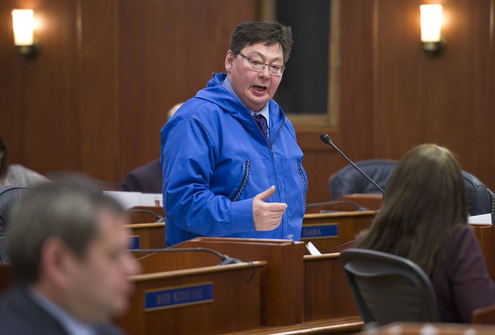 In this Feb. 15, 2017 photo, Rep. Dean Westlake, D-Kotzebue, speaks in support of his resolution to allow oil drilling in the Arctic National Wildlife Refuge during a House floor sesison. (Michael Penn | Juneau Empire File)