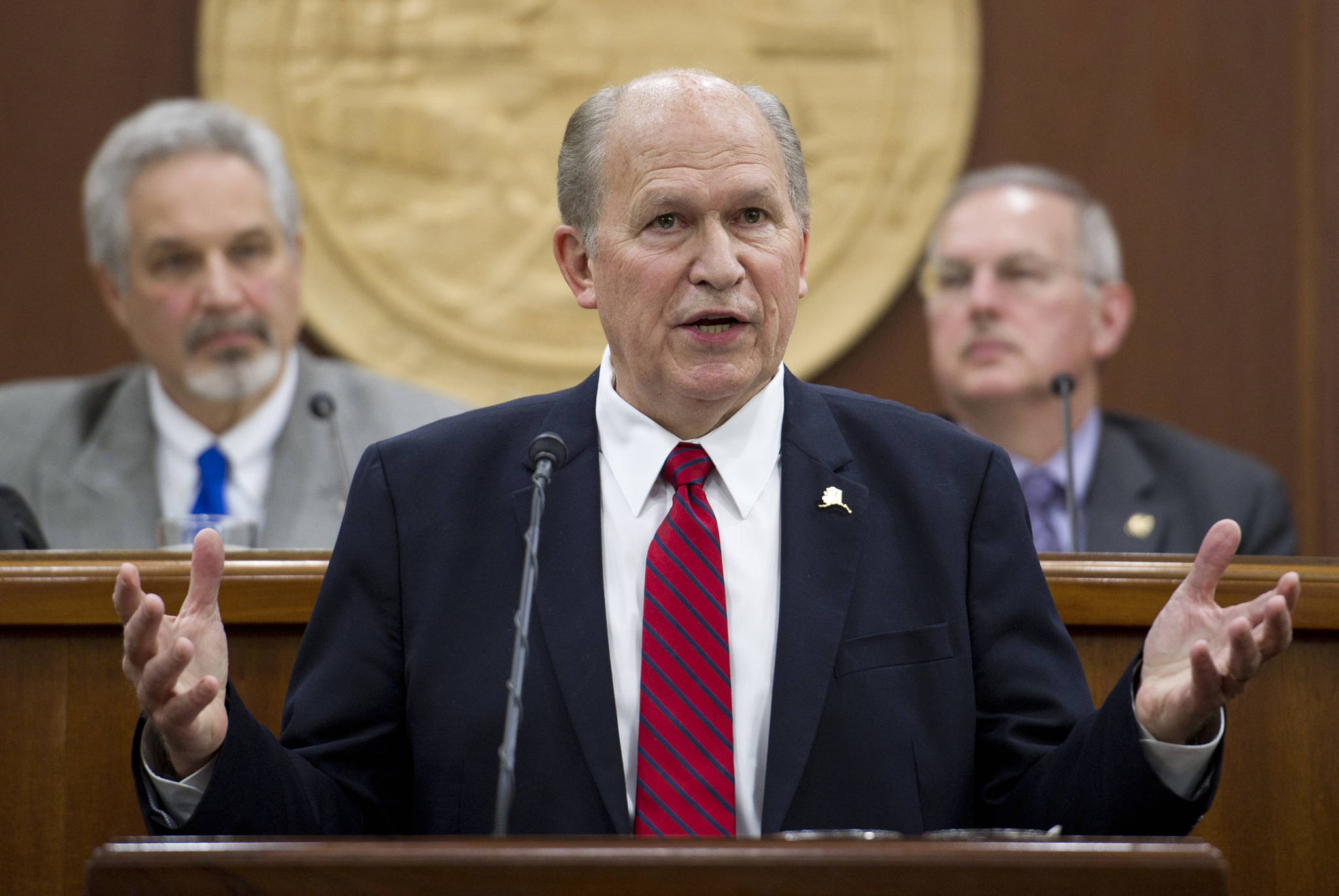 In this Jan. 18, 2017 photo, Gov. Bill Walker speaks during his State of the State address before a joint session of the Alaska Legislature at the Capitol. (Michael Penn | Juneau Empire File)