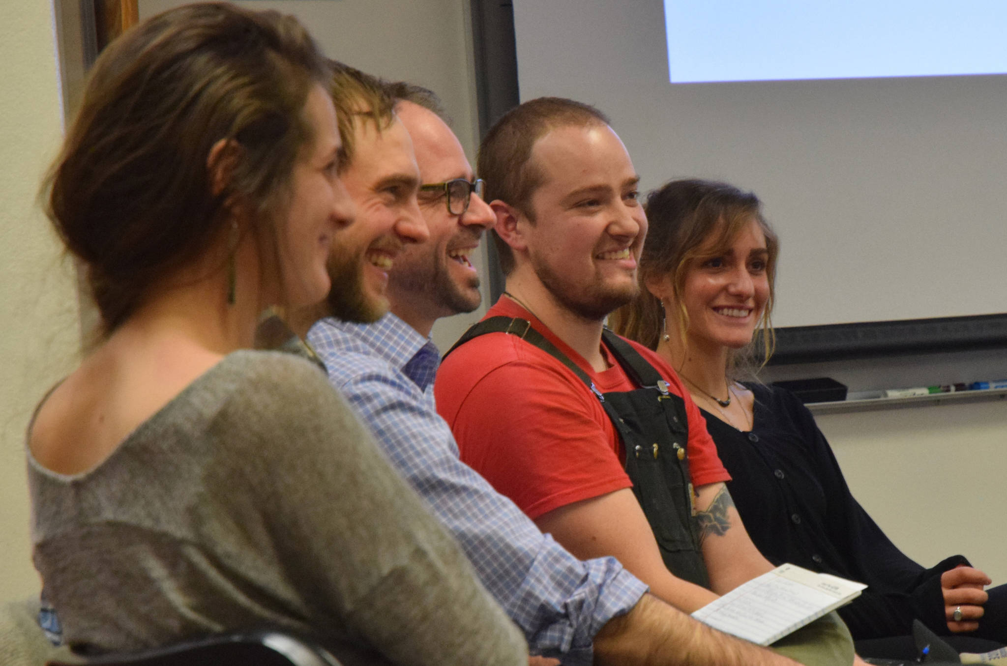 Lia Heifetz, Matt Kern, Colin Peacock, Eli Wray and Kaila Buerger all spoke at a panel for young food entrepreneurs on Tuesday, Jan. 16, 2018 at City Hall. (Kevin Gullufsen | Juneau Empire)