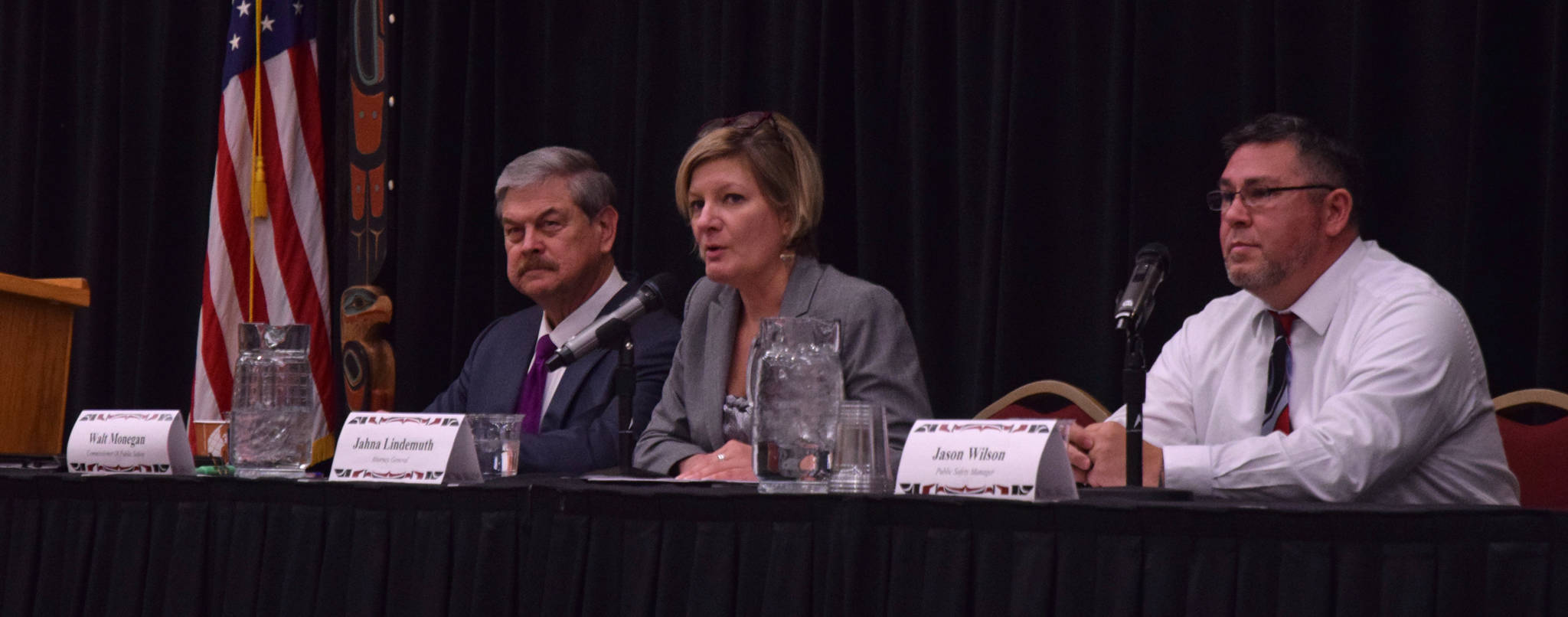 From left to right, Public Safety Commissioner Walt Monegan, Attorney General Jahna Lindemuth, and Central Council Tlingit and Haida Indian Tribes of Alaska Public Safety Manager Jason Wilson participate in a Native Issues Forum lunchtime discussion on Thursday, Jan. 18, 2018 in the Elizabeth Peratrovich Hall. (James Brooks | Juneau Empire)