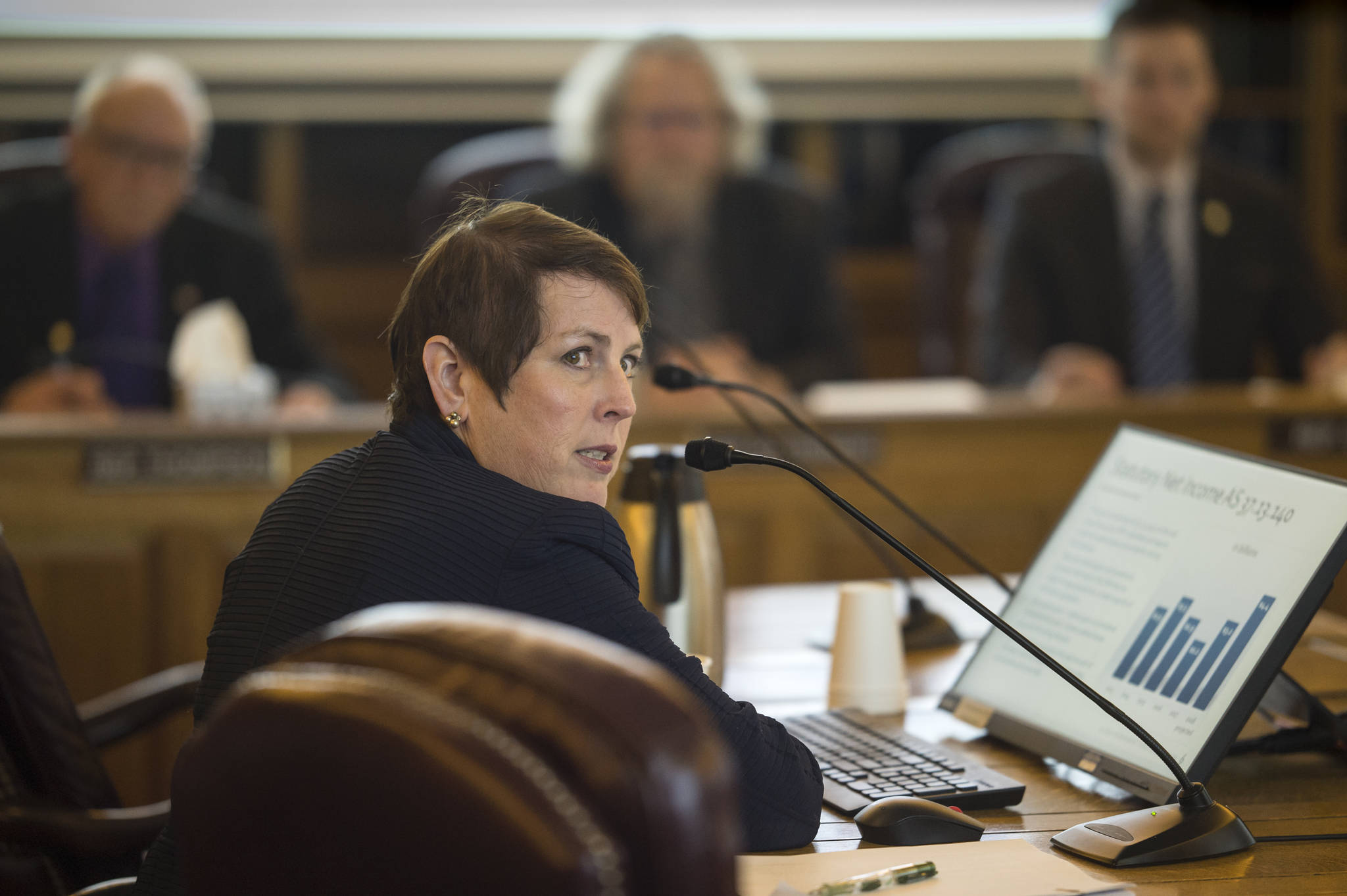 Angela Rodell, CEO and executive director of the Alaska Permanent Fund Corp., gives an overview of the fund to the House Finance Committee at the Capitol on Monday, Jan. 22, 2018. (Michael Penn | Juneau Empire)