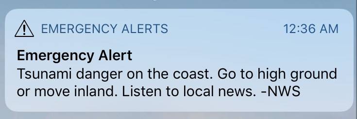 Juneau residents received this alert in the wake of a 7.9-magnitude earthquake early Tuesday morning. Many GCI customers did not, as a result of the company still working to implement emergency alerts through a lengthy process. (Juneau Empire screenshot)