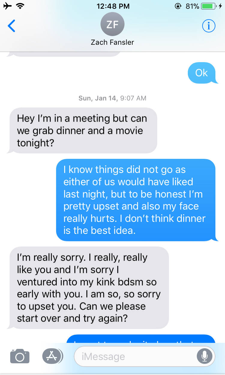 This text message exchange, provided by a woman alleging an attack by Rep. Zach Fansler, D-Bethel, shows Fansler’s attempt to apologize on the morning after the incident. (Courtesy photo)