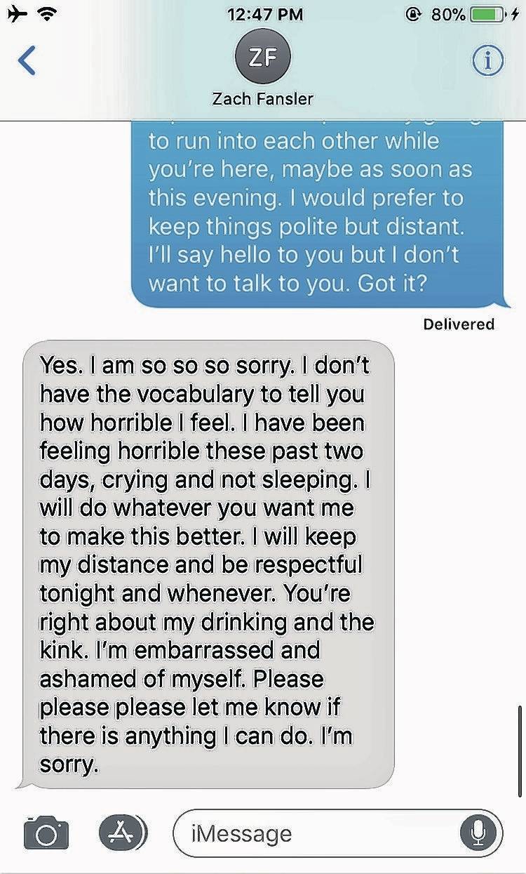 This text message exchange, provided by a woman alleging an attack by Rep. Zach Fansler, D-Bethel, shows Fansler’s apology for the incident. (Courtesy photo)