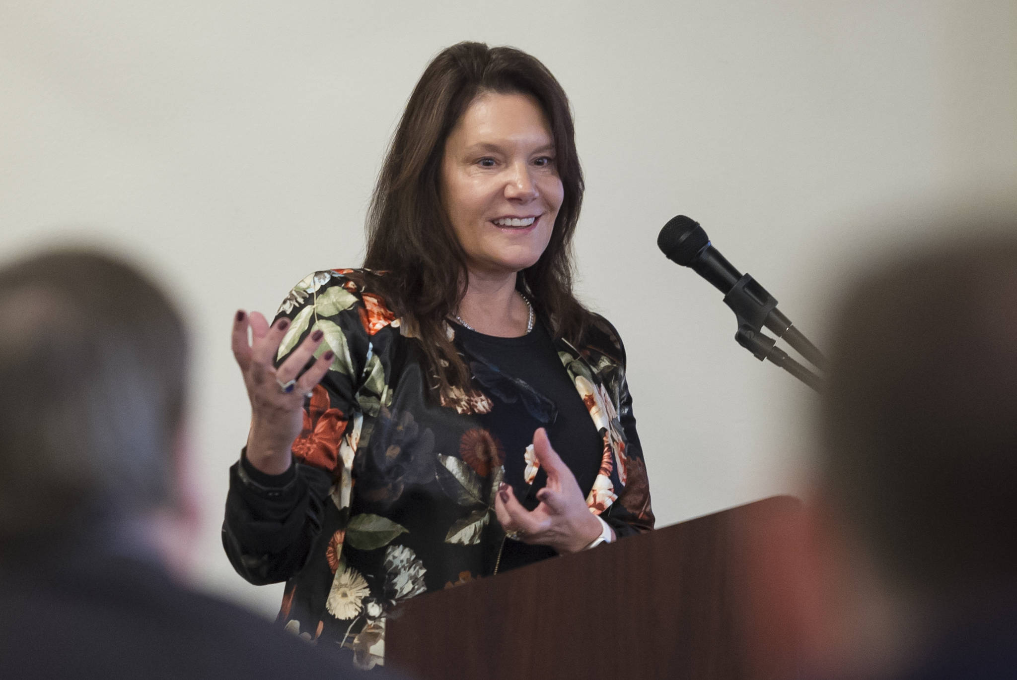 Mary Ann Pease, a senior advisor for Pacific Dataport, speaks about the company’s plan to deploy a geosynchronous satellite to provide broadband services throughout all of Alaska to the Juneau Chamber of Commerce at the Moose Lodge on Thursday, Jan. 25, 2018. (Michael Penn | Juneau Empire)