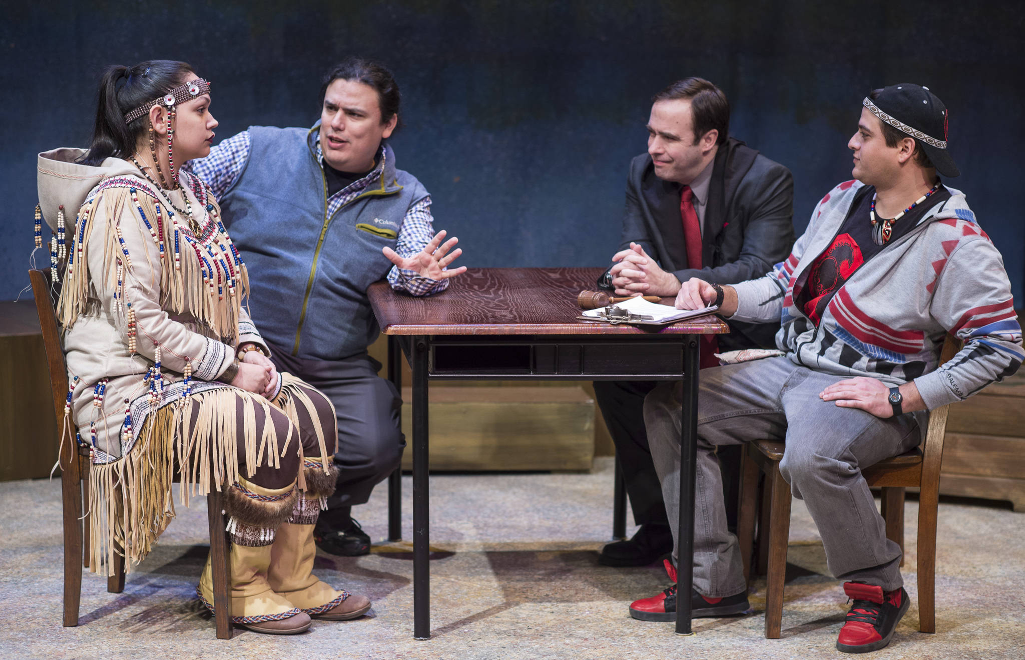 Erin Tripp, left, Frank Henry Katasse, James Sullivan and Alec Shamas rehearse in Perseverance Theatre’s production of William Inc. on Tuesday, Jan. 23, 2018. (Michael Penn | For the Capital City Weekly)