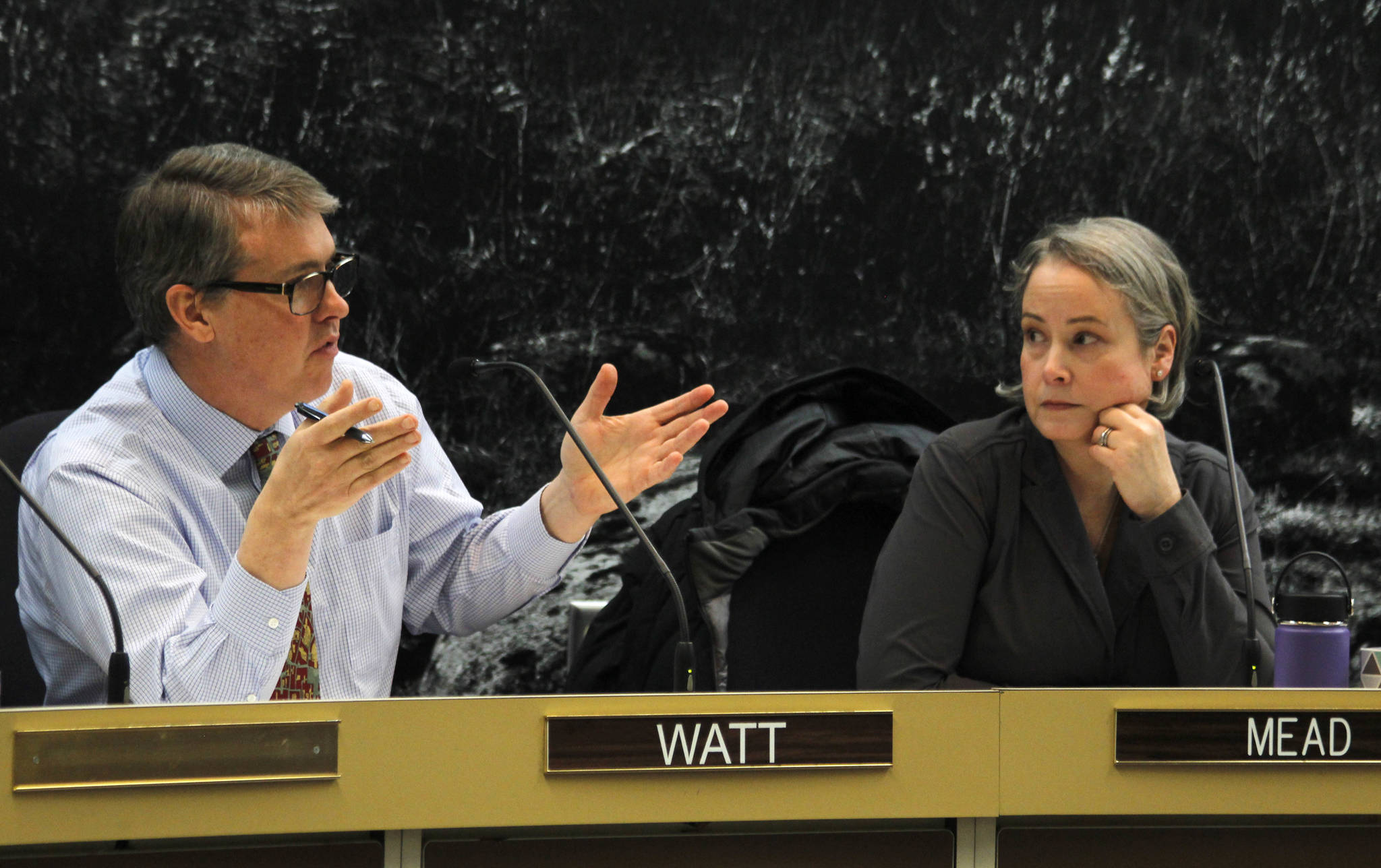 City Manager Rorie Watt (left) speaks as City Attorney Amy Mead listens during the Monday, Feb. 5, 2018 Committee of the Whole meeting. Watt will enter into negotiations with Alaska Electric Light & Power about the city’s priorities during Canadian company Hydro One’s purchase of AEL&P’s parent company, Avista Corp. If the Assembly decides to intervene in the process, Mead will head up that process. (Alex McCarthy | Juneau Empire)