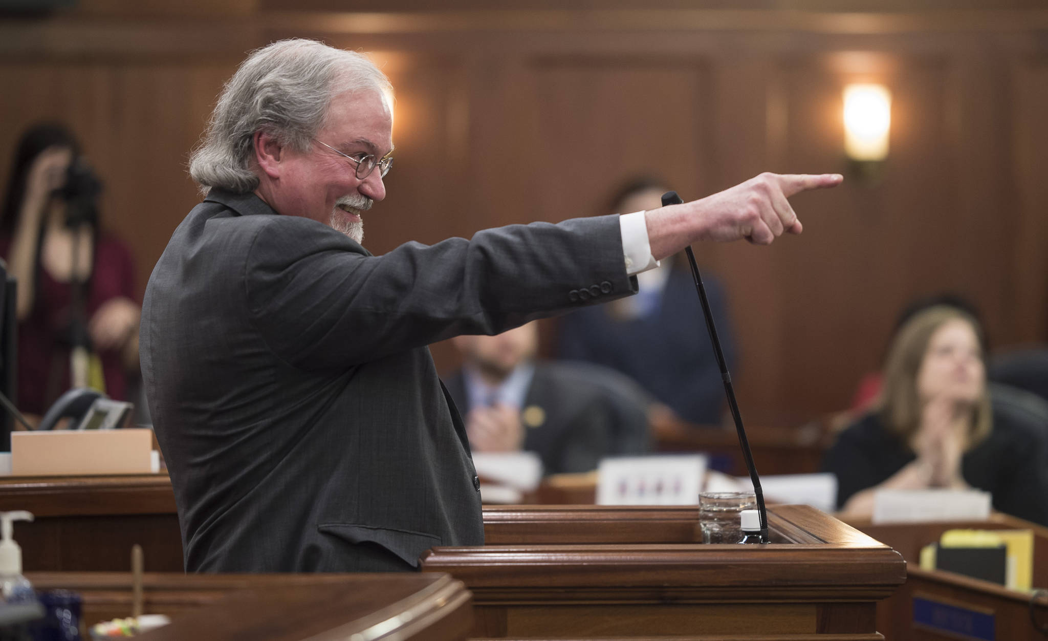 Alaska Supreme Court Chief Justice Craig Stowers calls out his staff sitting in the gallery during his State of the Judiciary address before a joint session of the Alaska Legislature at the Capitol on Wednesday, Feb. 7, 2018. (Michael Penn | Juneau Empire)