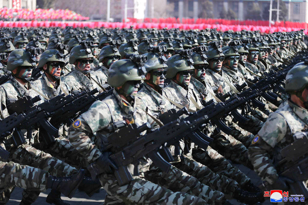 In this Feb. 8, 2018 photo provided by the North Korean government, North Korean soldiers march during a military parade to mark the 70th anniversary of the founding of its military in Pyongyang, North Korea. Independent journalists were not given access to cover the event depicted in this image distributed by the North Korean government. The content of this image is as provided and cannot be independently verified. Korean language watermark on image as provided by source reads: “KCNA” which is the abbreviation for Korean Central News Agency. (Korean Central News Agency)