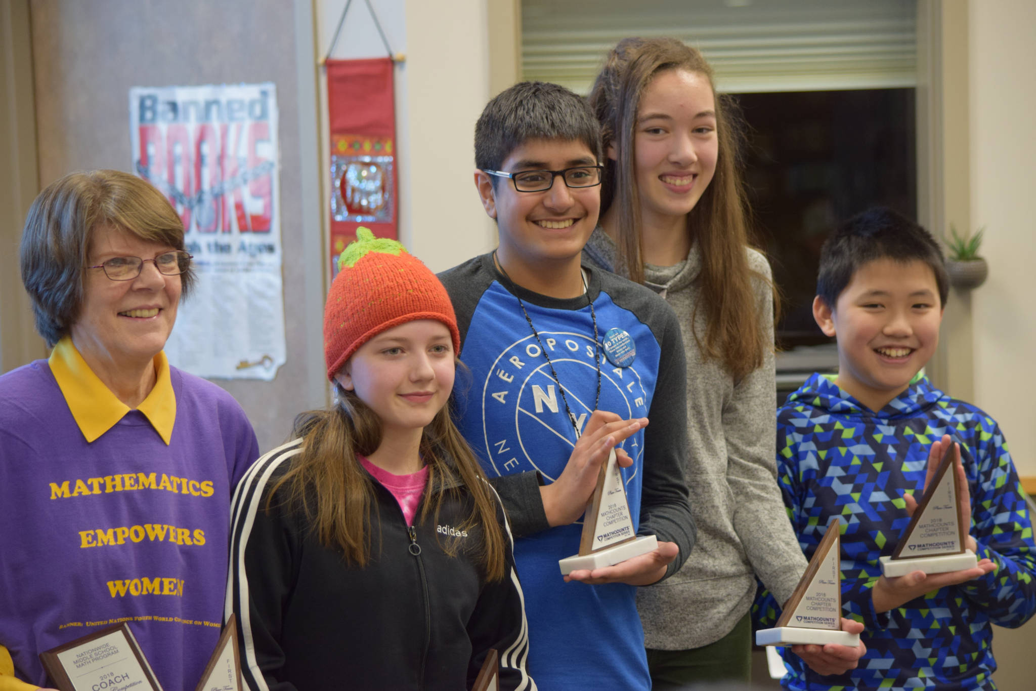 Members of the Southeast regional MathCounts winning team from Dzantik’i Heeni Middle School. From left: coach Mary Borthwick, Marina Lloyd, Krishna Bathija, Addy Mallott and Edward Hu. The top two individual performers from Saturday’s contest outside of those four, Floyd Dryden’s Elizabeth Djajalie and Montessori Borealis’s Alex Yu, will make up a six-person team heading to a March state competition in Anchorage. (Kevin Gullufsen | Juneau Empire)