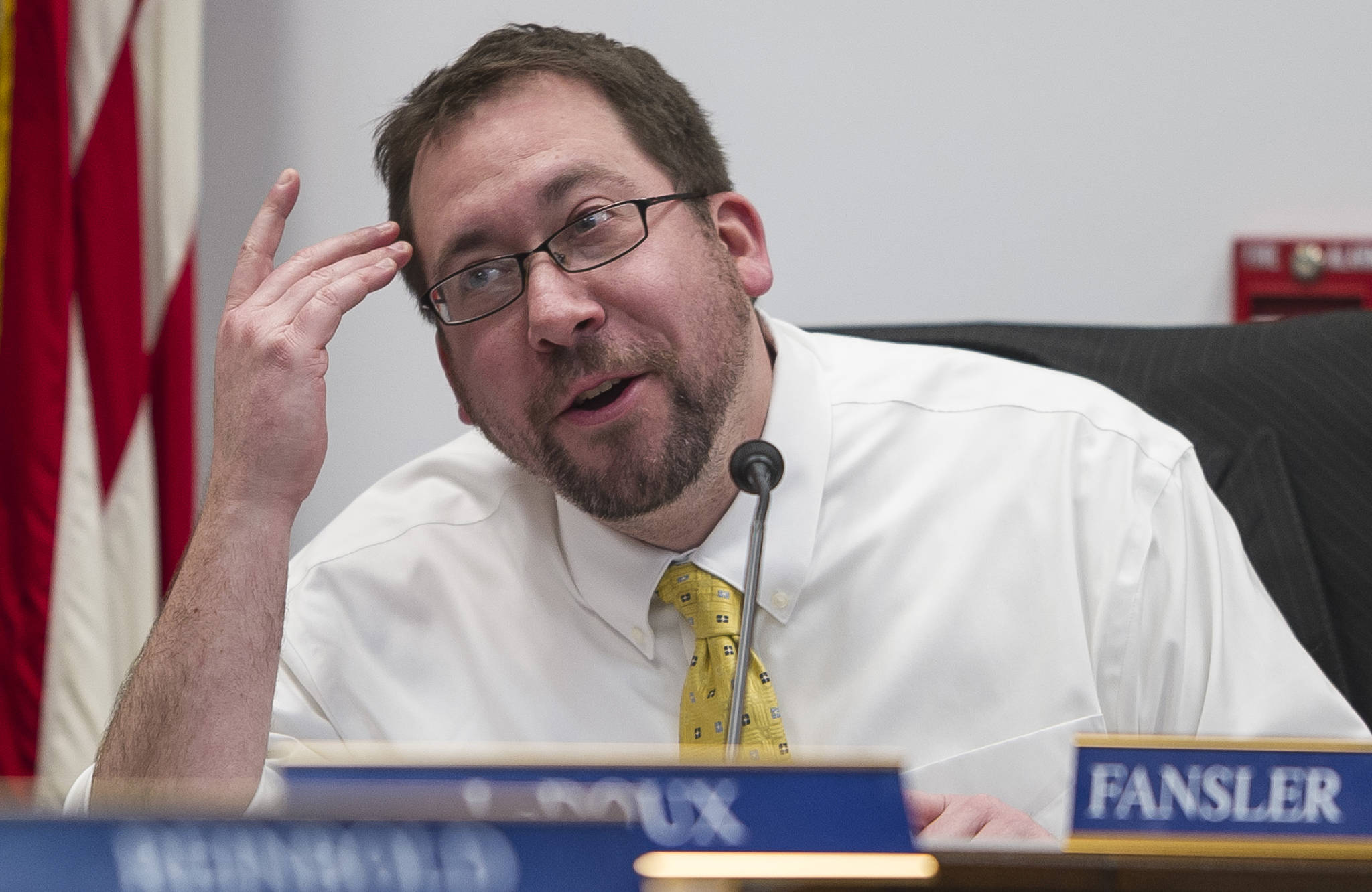 In this Jan. 22 photo, Rep. Zach Fansler, D-Bethel, attends a House Judiciary Committee meeting at the Capitol. (Michael Penn | Juneau Empire File)