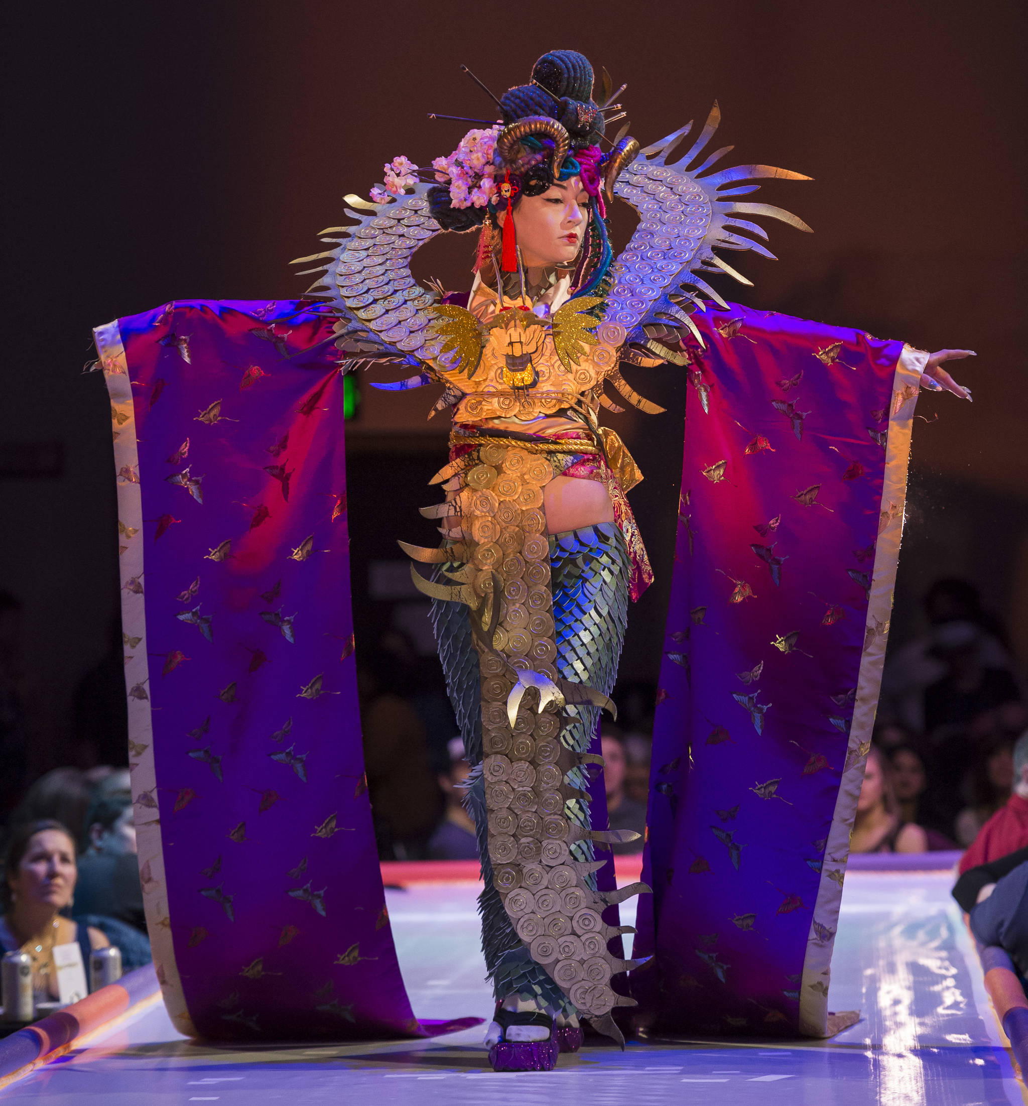 “Doragon” by Beth Bolander, modeled by Dani Gross, at the Wearable Art Show at Centennial Hall on Saturday, Feb. 17, 2018. Doragon placed third in the Juror’s Best in Show. (Michael Penn | Juneau Empire)