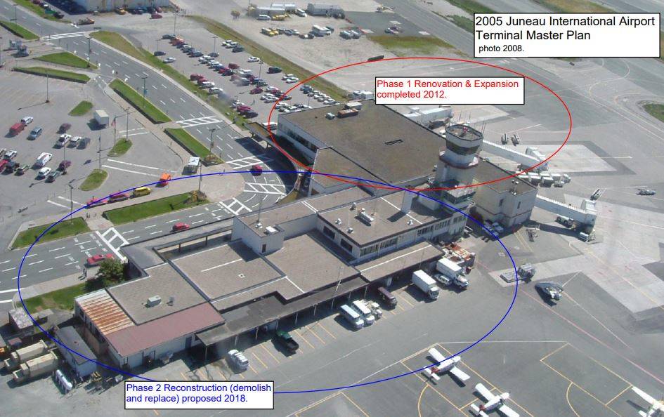 This diagram shows the two major phases of the 2005 Juneau International Airport Terminal Master Plan. The Airport Board is looking for public comment before demolishing and rebuilding the North Wing in 2019. (Courtesy photo | City and Borough of Juneau)