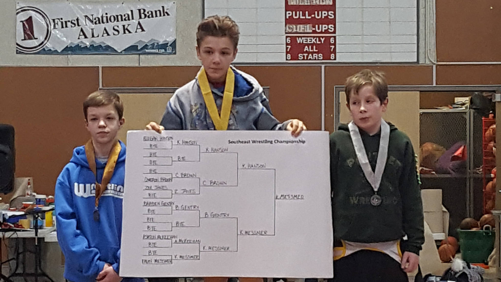 Floyd Dryden Middle School eighth grader Kadin Messmer, center, shows off his winning 90-pound weight class bracket next to Craig’s Keegan Hanson, left, and Ketchikan’s Brayden Gentry. Messmer pinned Hanson in the finals in just 16 seconds to come out on top. (Courtesy photo | Ken Brown)