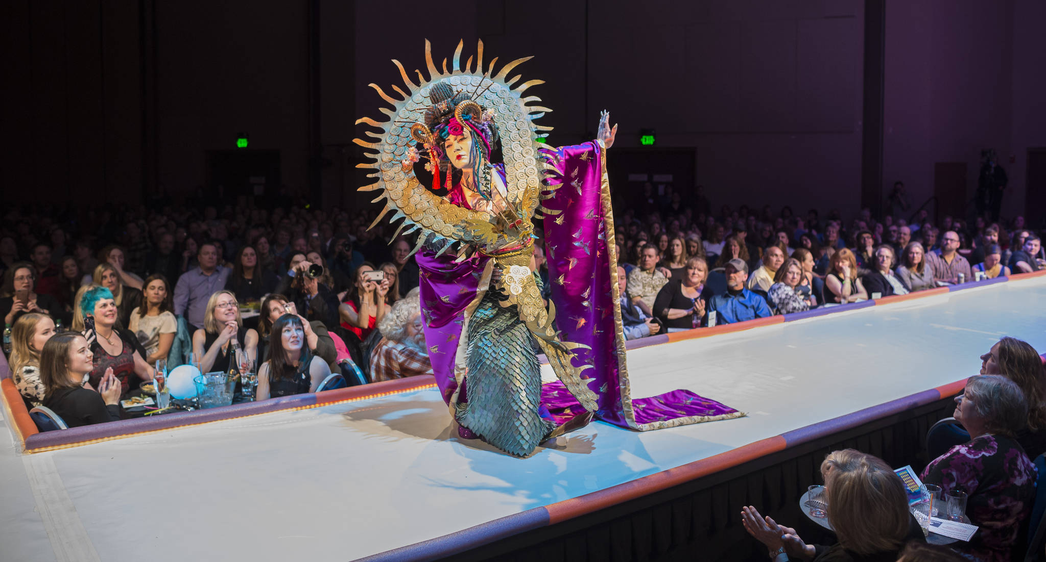 “Doragon” by Beth Bolander, modeled by Dani Gross, at the Wearable Art Show at Centennial Hall on Saturday, Feb. 17, 2018. Doragon placed third in the Juror’s Best in Show. (Michael Penn | Juneau Empire)