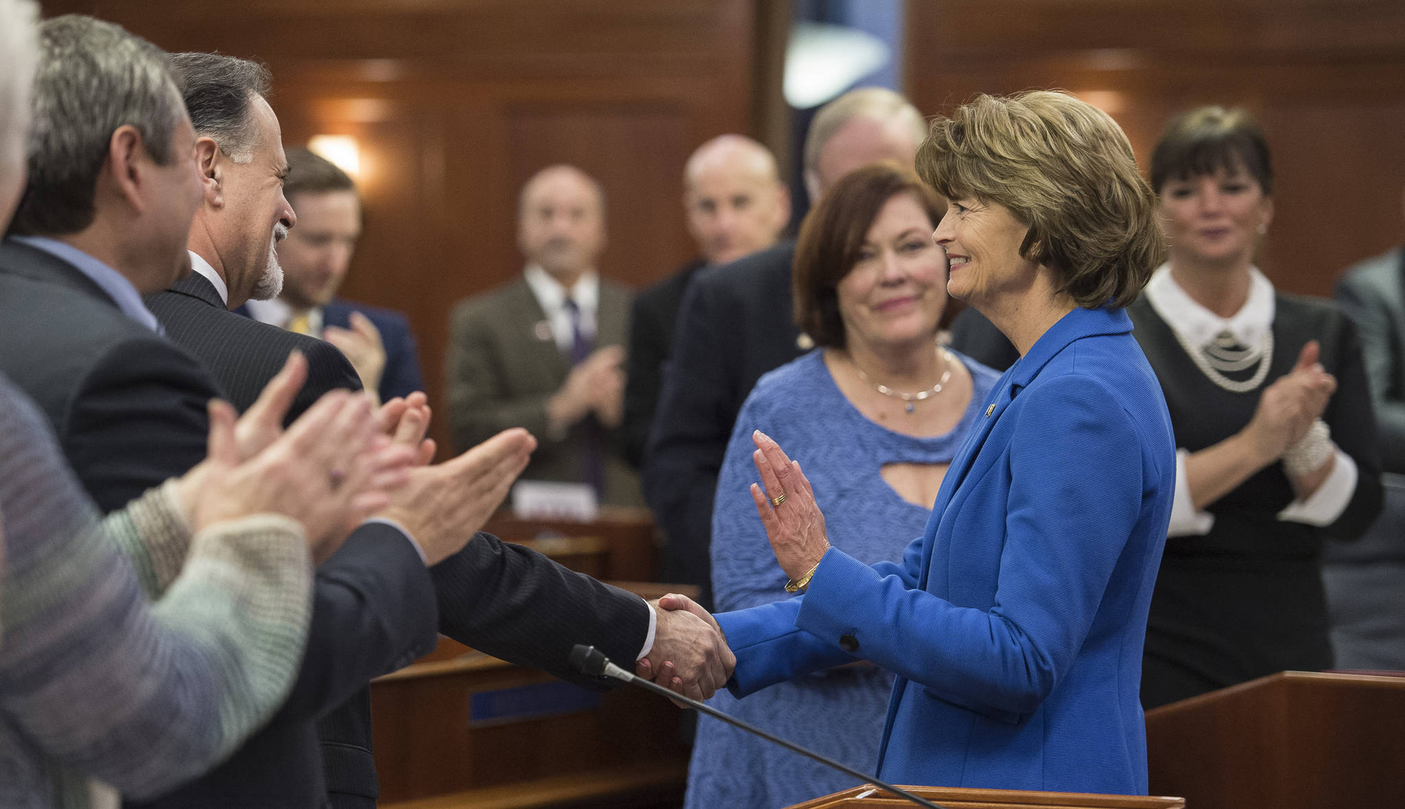 U.S. Sen. Lisa Murkowski, R-Alaska, greets legislators after her annual speech to a joint session of the Alaska Legislature at the Capitol on Thursday, Feb. 22, 2018. (Michael Penn | Juneau Empire)