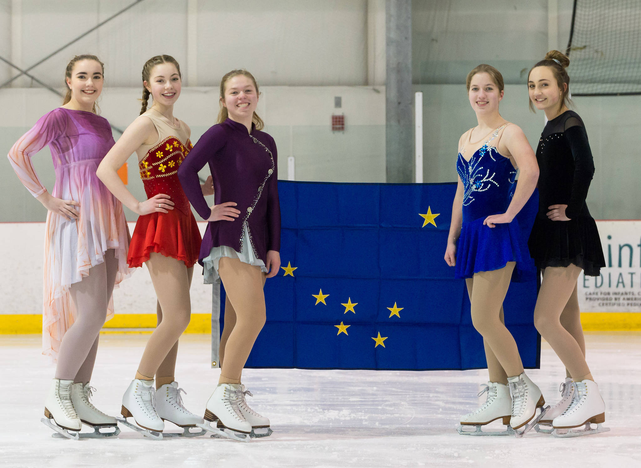 Five Juneau Skating Club members were selected for Team Alaska’s figure skating team for the upcoming Arctic Winter Games in Northwest Territories. L to R: Emily Bowman, Kara Hort, Meredith Fritsch, Katherine Fritsch, Haylee Hill. (Courtesy photo | Kim Hort)