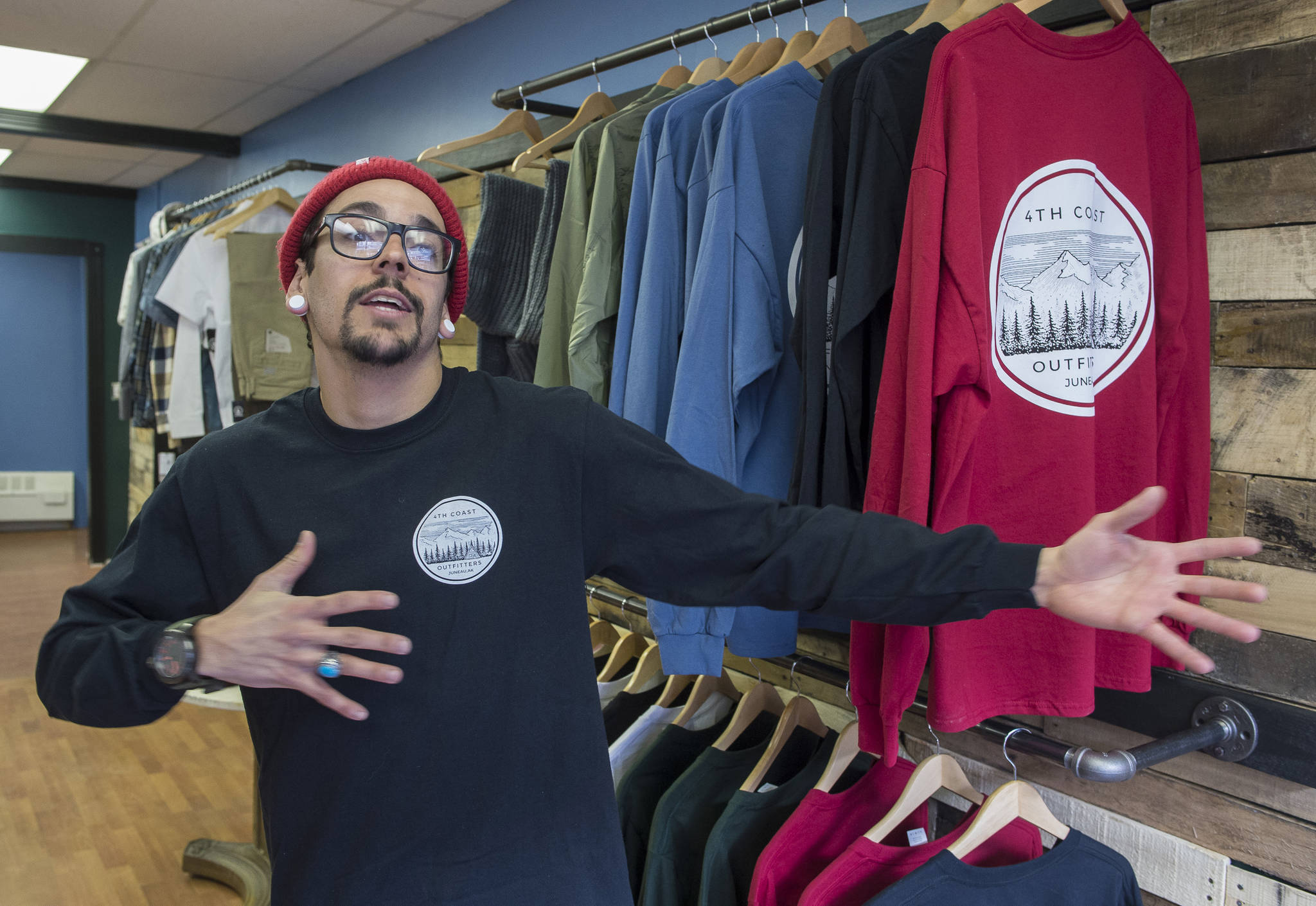 Gabriel Rivera talks about his new men’s clothing shop called 4th Coast Outfitters located on Seward Street on Thursday, March 1, 2018. (Michael Penn | Juneau Empire)