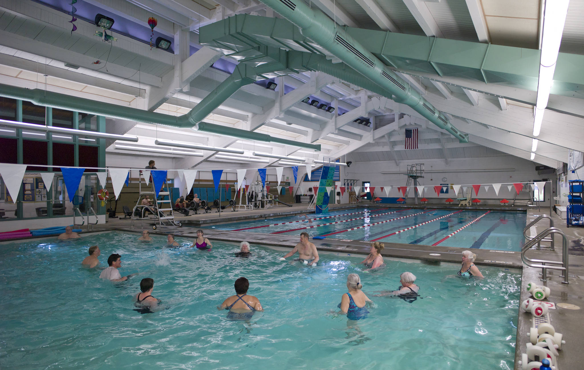 In this May 2017 photo, Juneau residents take part in a water aerobics class at the Augustus G. Brown Swimming Pool. (Michael Penn | Juneau Empire File)