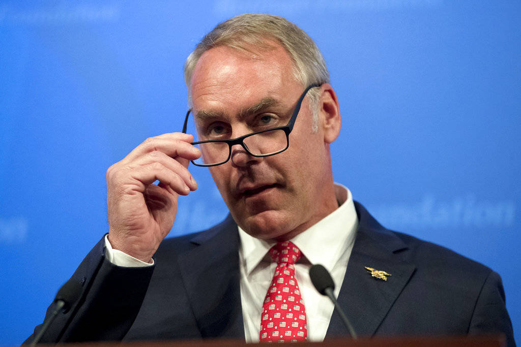 In this Sept. 29, 2017 photo, Interior Secretary Ryan Zinke speaks on the Trump Administration&rsquo;s energy policy at the Heritage Foundation in Washington. (Andrew Harnik | The Associated Press File)