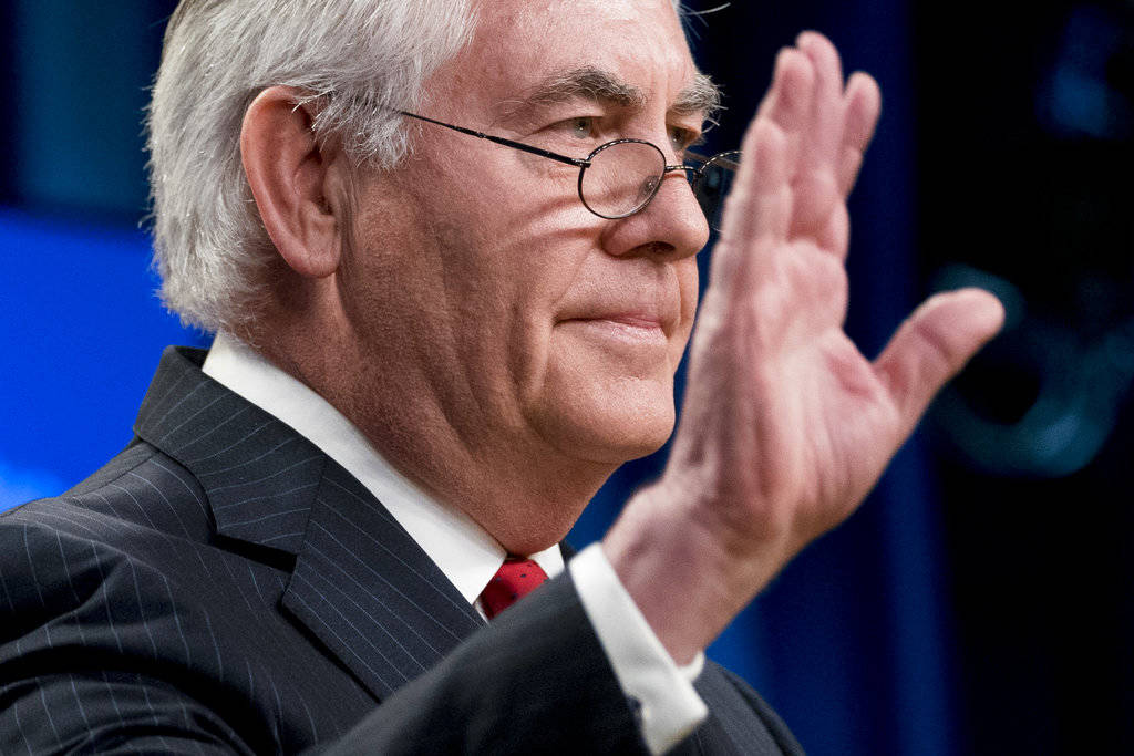 Secretary of State Rex Tillerson waves goodbye after speaking aat the State Department in Washington, Tuesday, March 13, 2018. President Donald Trump fired Tillerson and said he would nominate CIA Director Mike Pompeo to replace him, in a major staff reshuffle just as Trump dives into high-stakes talks with North Korea. (Andrew Harnik | The Associated Press)