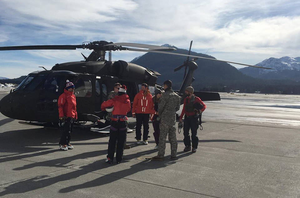 Juneau Mountain Rescue searchers get off an Army National Guard MH-60 Blackhawk helicopter on Tuesday, March 13, 2018. Tuesday marked the sixth day in the search for climbers George &ldquo;Ryan&rdquo; Johnson and Marc-Andre Leclerc. (Courtesy photo | Juneau Mountain Rescue)