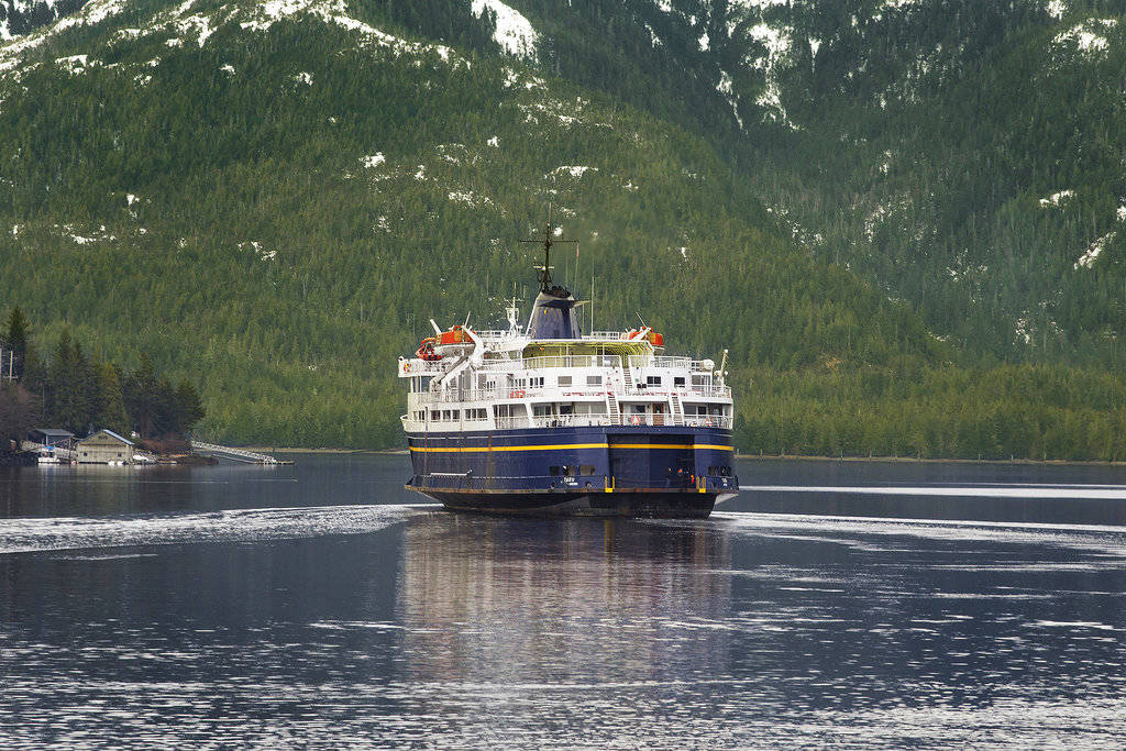 The ferry Taku departs from Ward Cove in Ketchikan, Alaska, Tuesday, March 13, 2018. The vessel will make a couple inspection stops before reaching its final destination of India. (Dustin Safranek | Ketchikan Daily News)