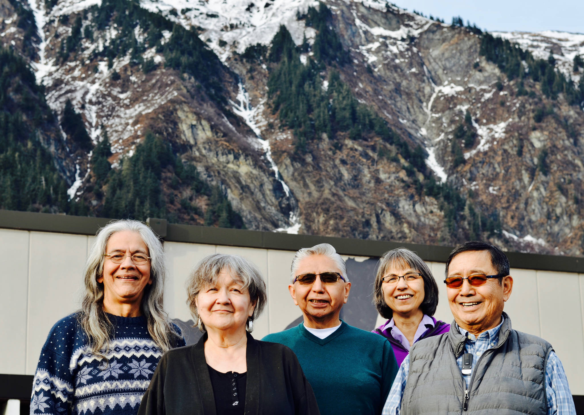 Left to right: Walter A. Soboleff Jr., Ernestine Saankalaxt&rsquo; Hayes, Khinkaduneek Paul Marks, Lillian Petershoare, and Marcelo Quinto. Courtesy image.