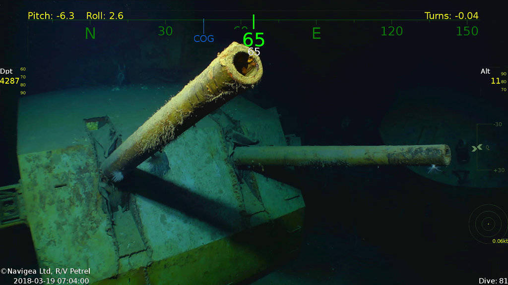 This March 19 underwater video image shows wreckage from the USS Juneau, a U.S. Navy ship sunk by the Japanese torpedoes 76 years ago, found in the South Pacific. Philanthropist and Microsoft co-founder Allen has announced that wreckage of the sunken ship on which five brothers died in World War II has been discovered in the South Pacific. A spokeswoman for Allen confirms wreckage from the USS Juneau was found Saturday off the coast of the Solomon Islands. (Paul Allen)