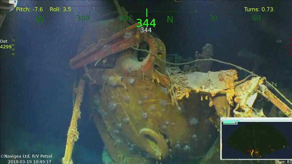 This March 19 underwater video shows wreckage from the USS Juneau, a U.S. Navy ship sunk by the Japanese torpedoes 76 years ago, found in the South Pacific. Philanthropist and Microsoft co-founder Allen has announced that wreckage of the sunken ship on which five brothers died in World War II has been discovered in the South Pacific. A spokeswoman for Allen confirms wreckage from the USS Juneau was found Saturday, March 17, off the coast of the Solomon Islands. (Paul Allen)