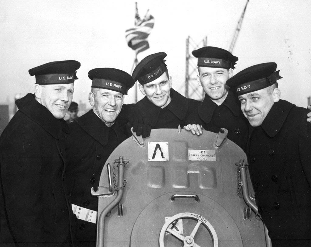 This Feb. 14, 1942 photo shows the five Sullivan brothers on board USS Juneau (CL-52) at the time of her commissioning ceremonies at the New York Navy Yard. The brothers who were all killed in the World War II sinking of the USS Juneau on Nov. 13, 1942. From left to right: Joseph, Francis, Albert, Madison and George Sullivan. Wreckage from the USS Juneau, a Navy ship sunk by the Japanese 76 years ago, has been found in the South Pacific. (U.S. National Archives)