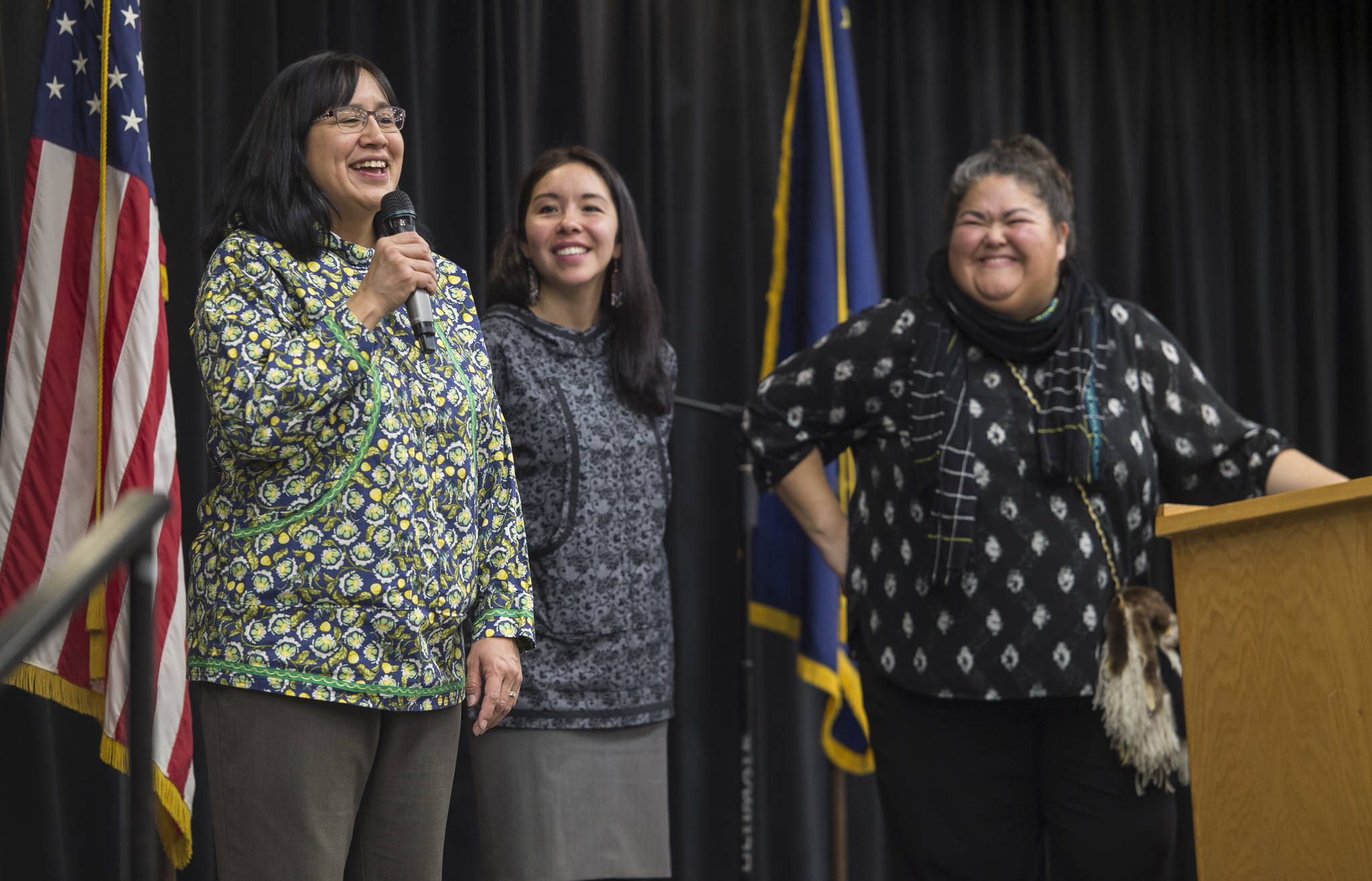 Angela Gonzalez, Indigenous Communications Manager for First Alaskans Institute, left, Andrea Sanders, director of its Native Policy Center, center, and Liz Medicine Crow, President/CEO of First Alaskans, speak at the Native Issues Forum at Elizabeth Peratrovich Hall on Thursday. (Michael Penn | Juneau Empire)