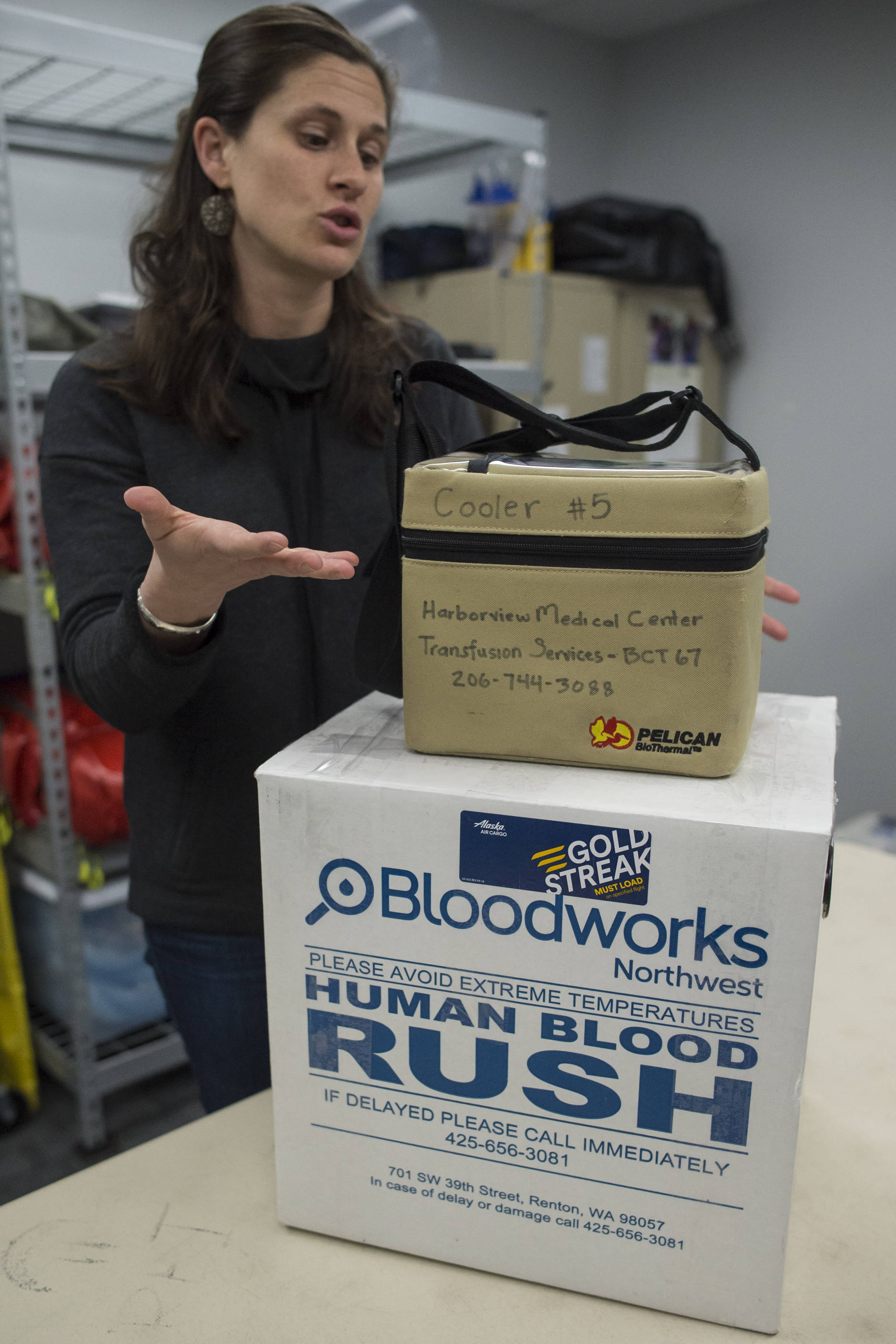 Elise Blasco, Juneau Base Manager for Airlift Northwest, talks Monday, April 2, 2018, about how the company is now suppling fresh blood and plasma for their emergency medical flights. (Michael Penn | Juneau Empire)