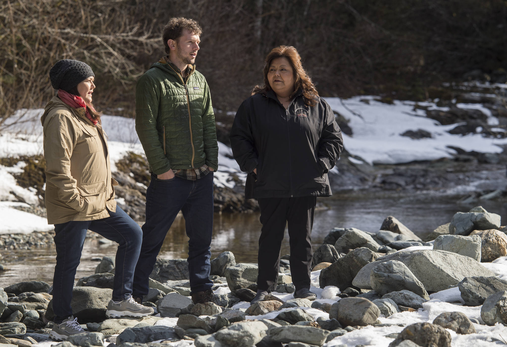 Jacinda Mack, of Fraser River, left, Matthew Jackson, of Sitka, center, and Carrie James, of Ketchikan, talk about their film “Uprivers” in Juneau on March 29, 2018. The documentary film is about the perils an unchecked Canadian mining industry and the threat posed to Southeast Alaska watersheds. (Michael Penn | Juneau Empire)