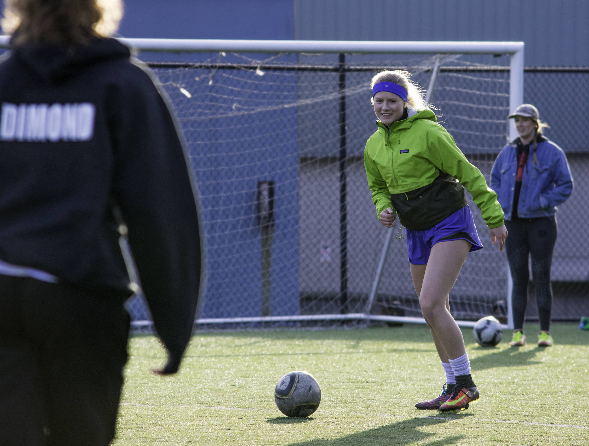 Michaela Bently, center midfielder on the JDHS girls soccer team, warms up at practice on Tuesday, April 3, 2018. (Richard McGrail | Juneau Empire)