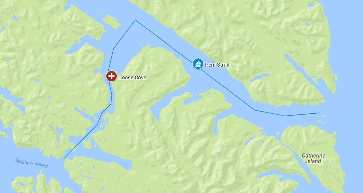 A map showing Peril Strait in Southeast Alaska. Juneau is pictured in the top right corner. (Map by Daniel Piscoya | Juneau Empire)