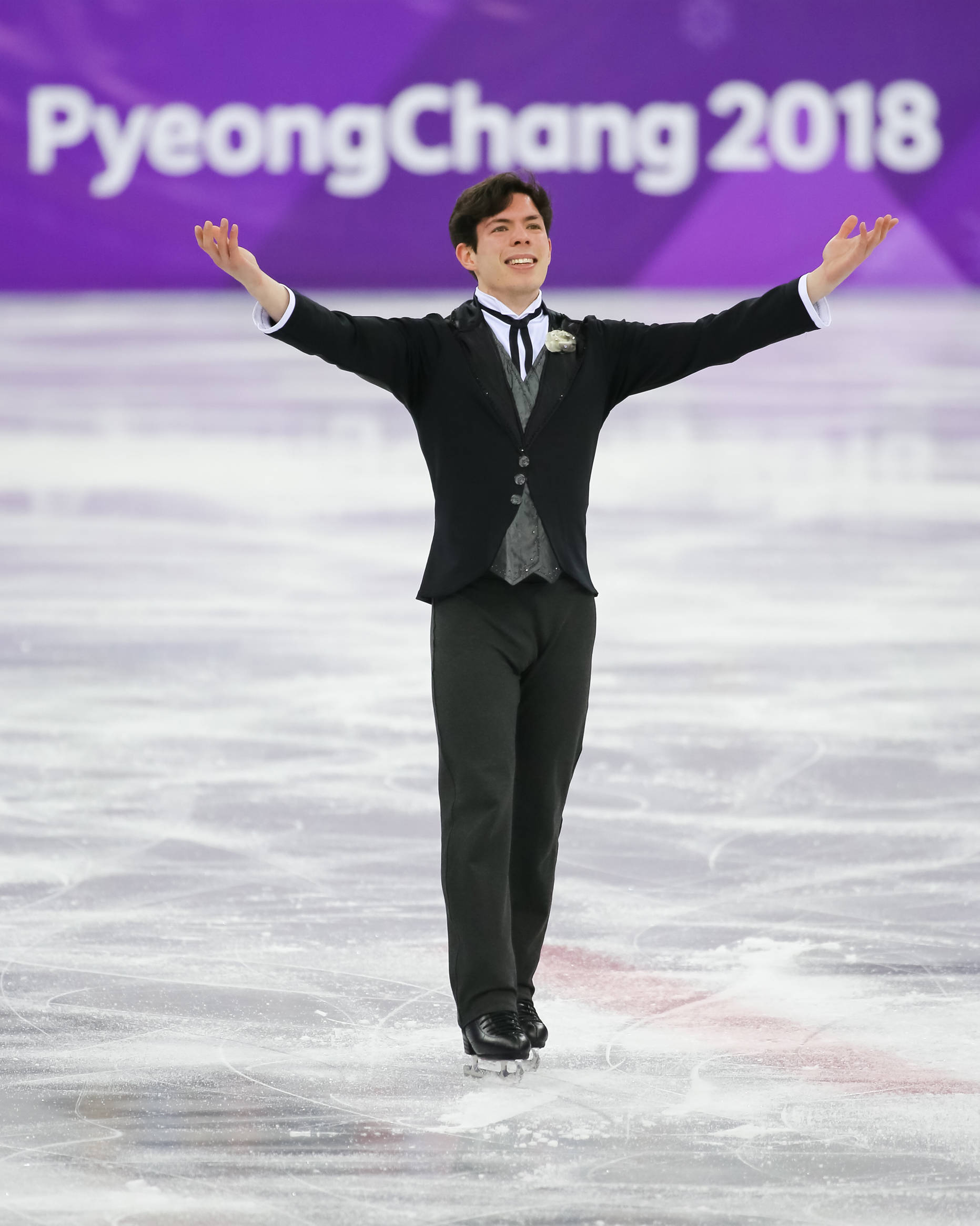 Keegan Messing gestures toward the audience while performing in men’s figure skating at the 2018 Winter Olympics, February 17, 2018. (Courtesy Photo | Greg Kolz/Keegan Messing)