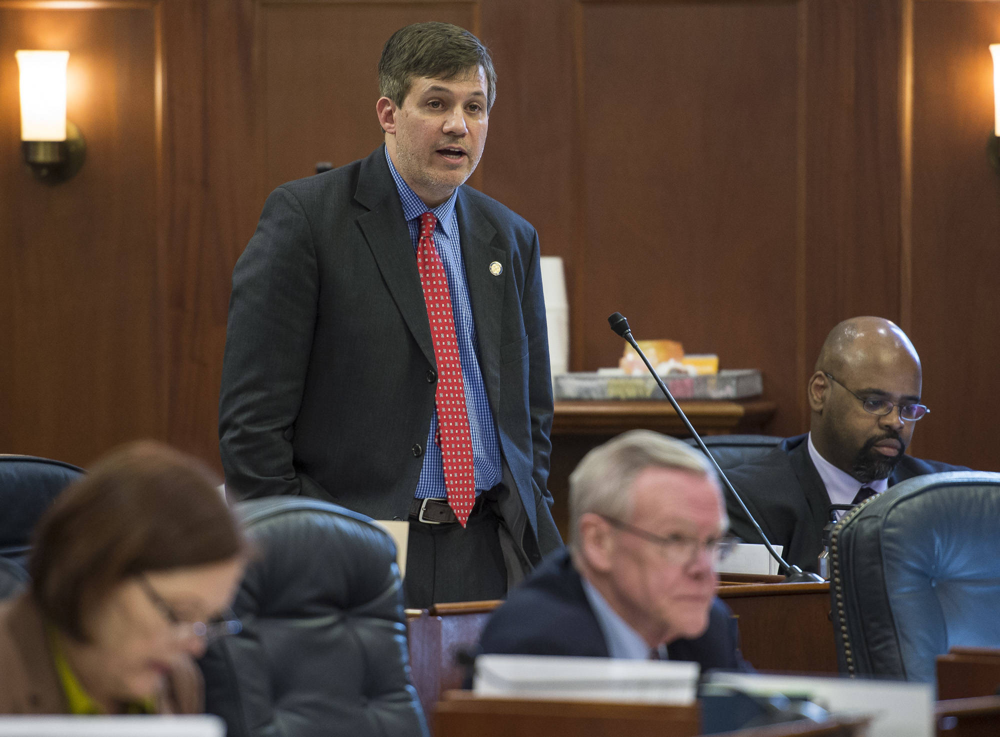 Sen. Bill Wielechowski, D-Anchorage, speaks to his amendment to the state’s operating budget to inflation proof the Alaska Permanent Fund in the Senate at the Capitol on Thursday, April 12, 2018. The amendment was voted down 11-9. (Michael Penn | Juneau Empire)