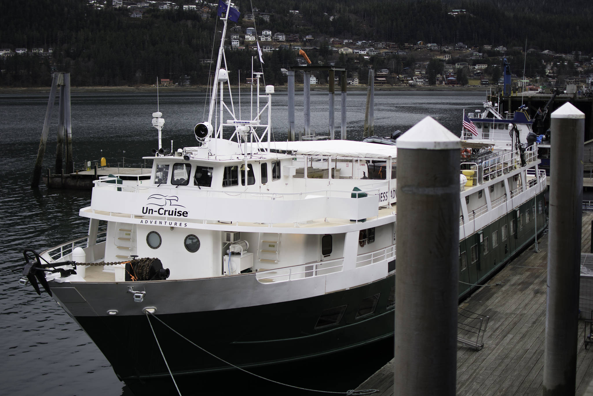 The Wilderness Adventurer is docked at the Seadrome on Friday, April 13, 2018. Aboard, politicians and representatives from the tourism industry spoke about bringing tourists to S.E. Alaska in the spring — a few months earlier than usual. The vessel set sail on its first spring cruise in Alaska the day after this photo was taken. (Richard McGrail | Juneau Empire)