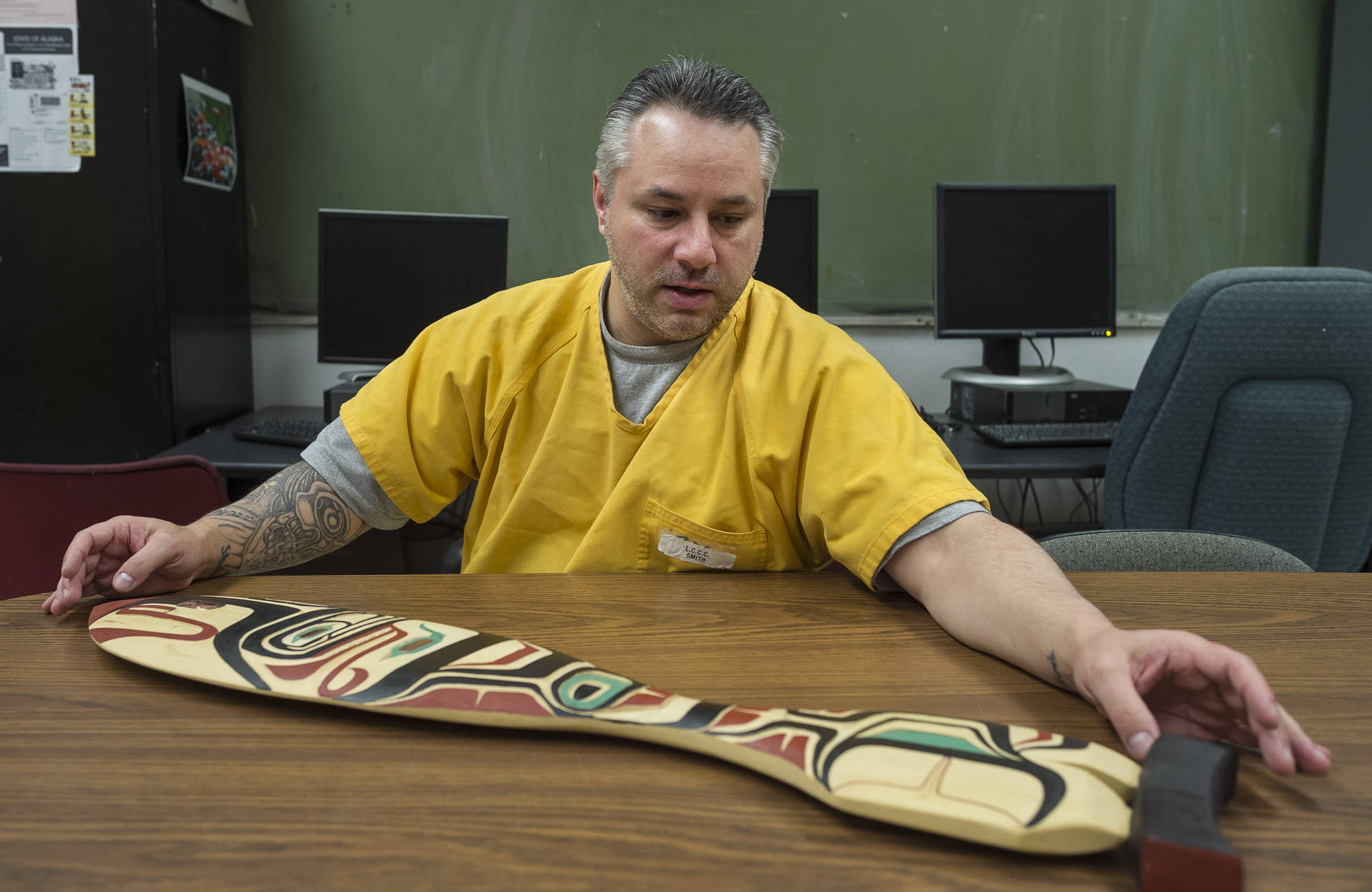 Kenny Smith talks about learning to carve at Lemon Creek Correctional Center on Monday, April 13, 2018. (Michael Penn | Juneau Empire)
