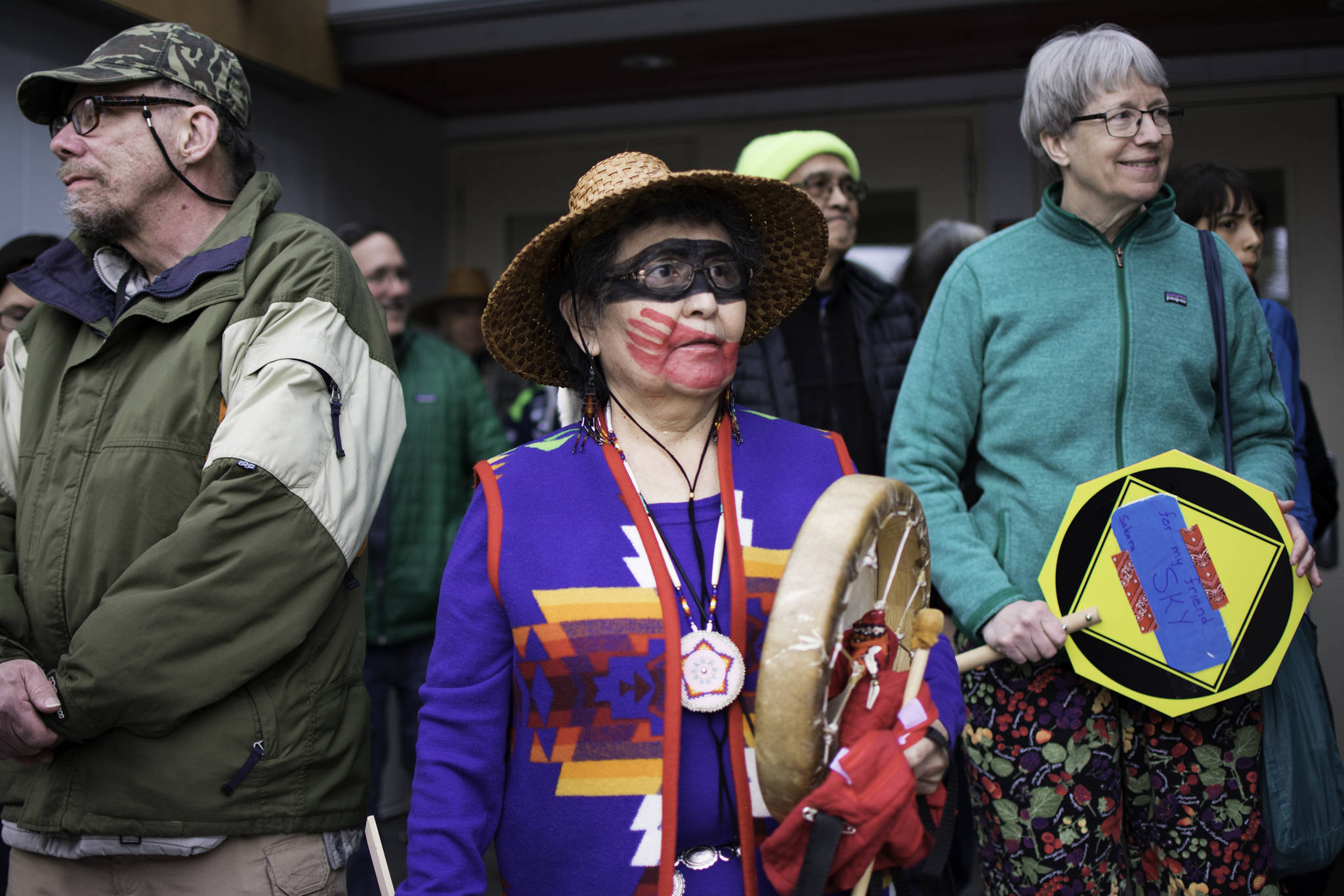 Irma Young prepares to march in the Violence Against Women Awareness Rally in front of Elizabeth Peratrovich Hall on Friday, April 20, 2018. (Richard McGrail | Juneau Empire)