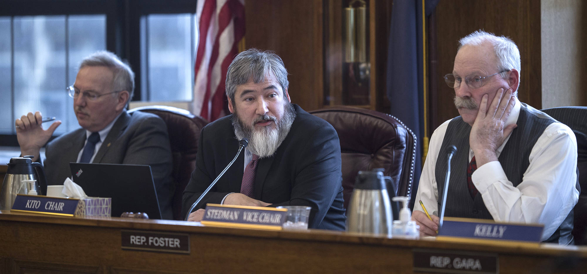 Rep. Sam Kito III, D-Juneau, chair of the Legislative Council Committee, asks for a cut to lawmaker per diem payments by 75 percent at the Capitol on Monday, April 23, 2018. (Michael Penn | Juneau Empire)