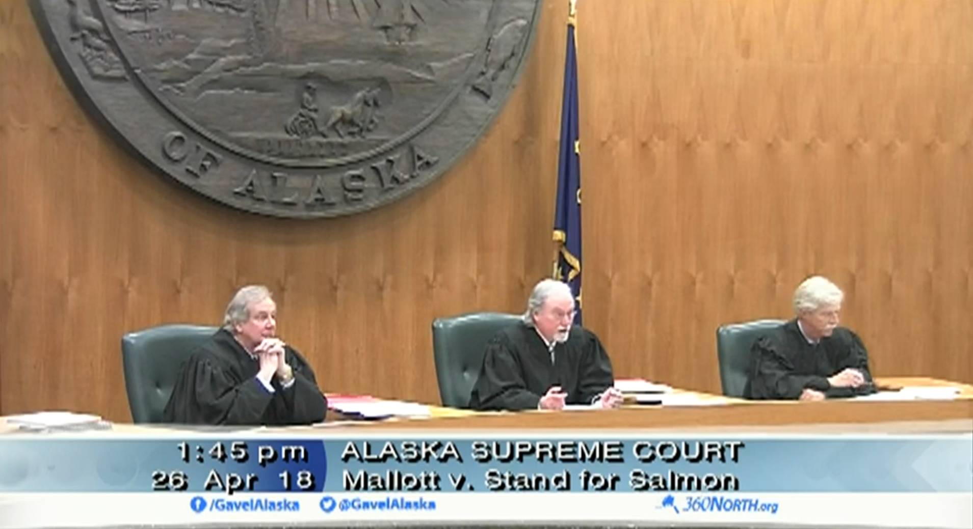 In a screenshot from a video feed provided by 360 North, justices of the Alaska Supreme Court hear oral arguments Thursday, April 26, 2018 on the case Mallott v. Stand for Salmon in Anchorage. (Video capture)