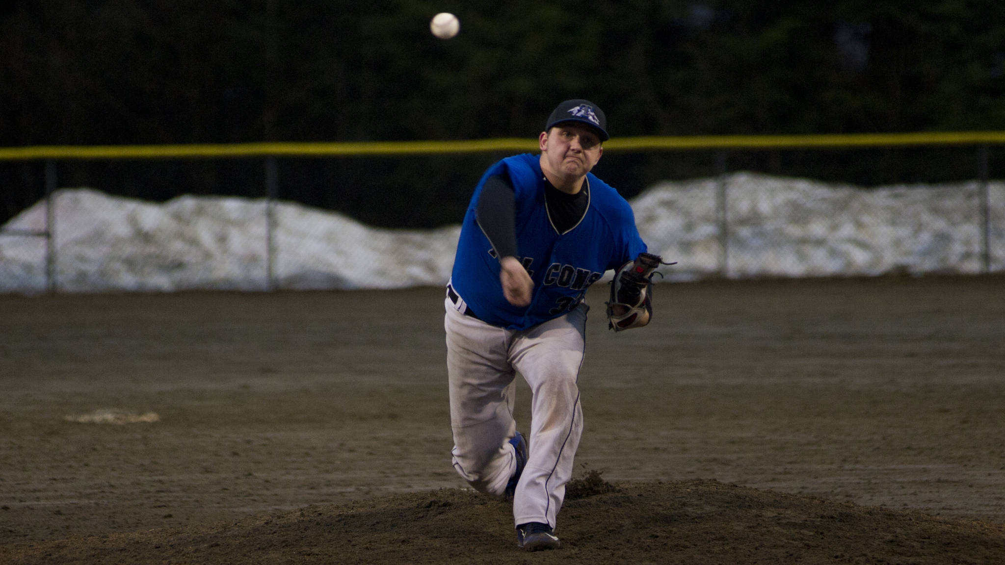 Thunder Mountain’s Bobby Cox pitches against Juneau-Douglas High School on Monday night at Adair-Kennedy Memorial Park. Cox allowed just two hits in a little over five innings of work. (Nolin Ainsworth | Juneau Empire)