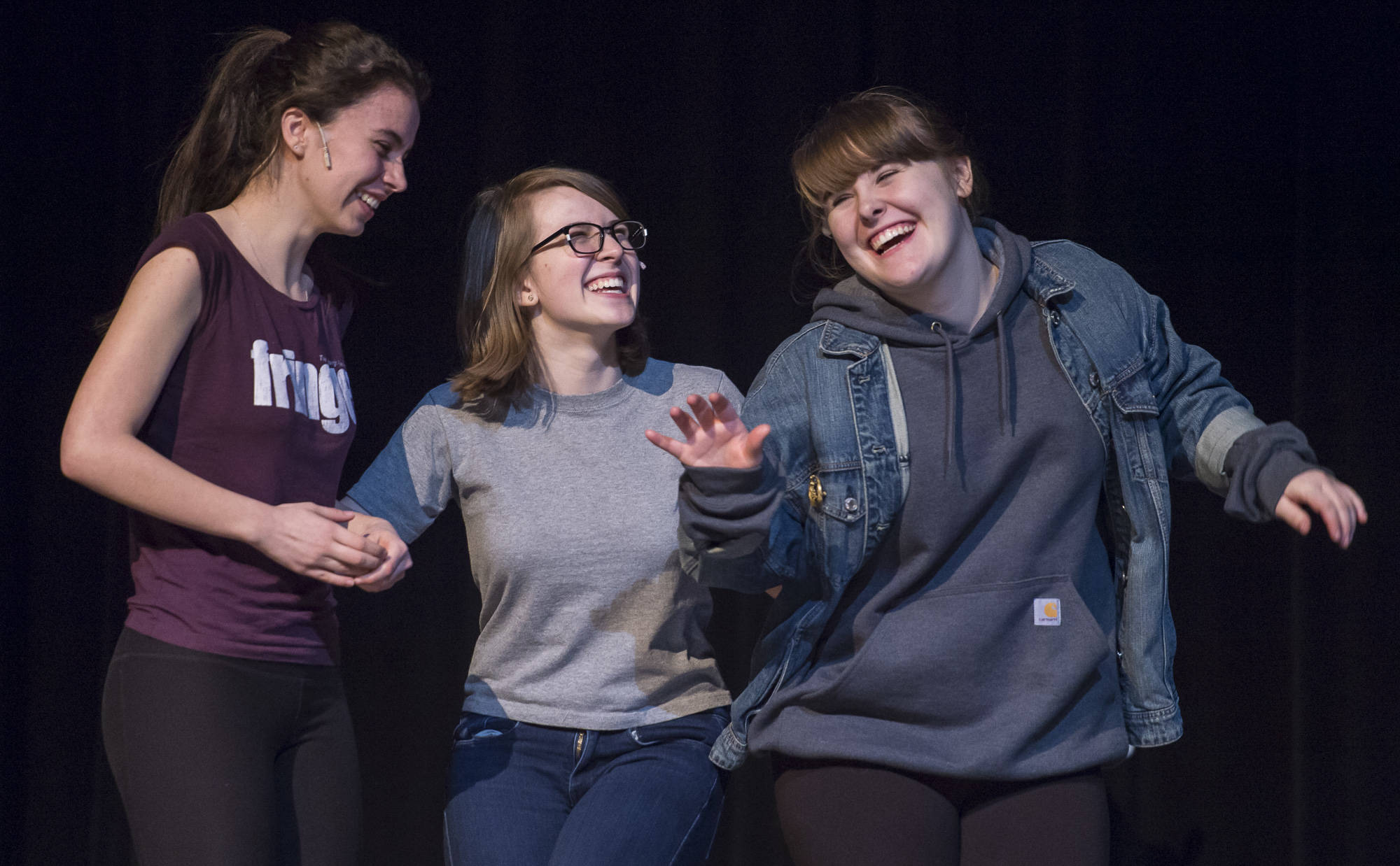 Katie Kiernan, Molly York, and Kate Bergey rehearse in the Juneau-Douglas High School production of Dearly Beloved in the JDHS Auditorium on Thursday, May 3, 2018. (Michael Penn | Juneau Empire)