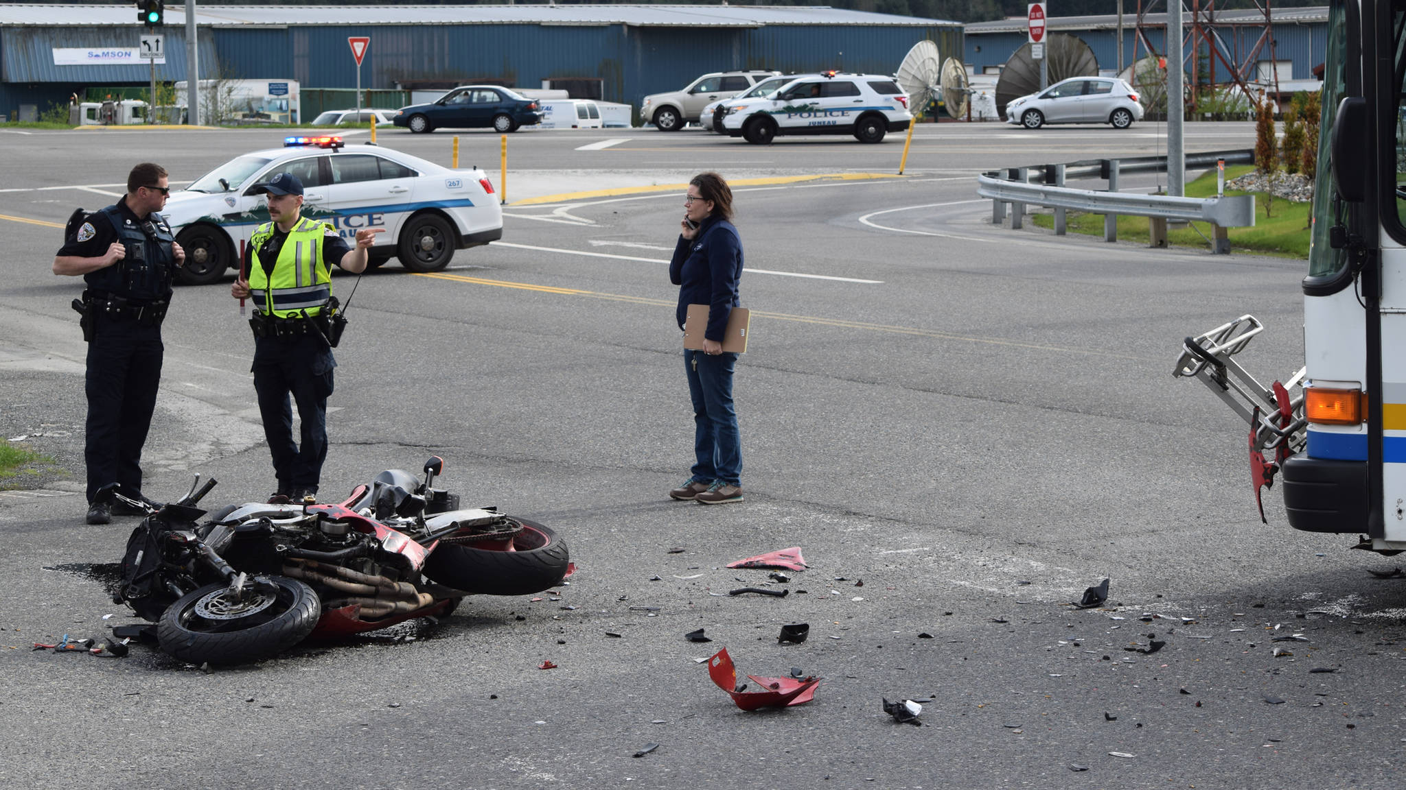 The scene of a Saturday afternoon collision between a Capital Transit city bus and a motorcycle at the intersection of Hospital Drive and Glacier Highway. (Kevin Gullufsen | Juneau Empire)