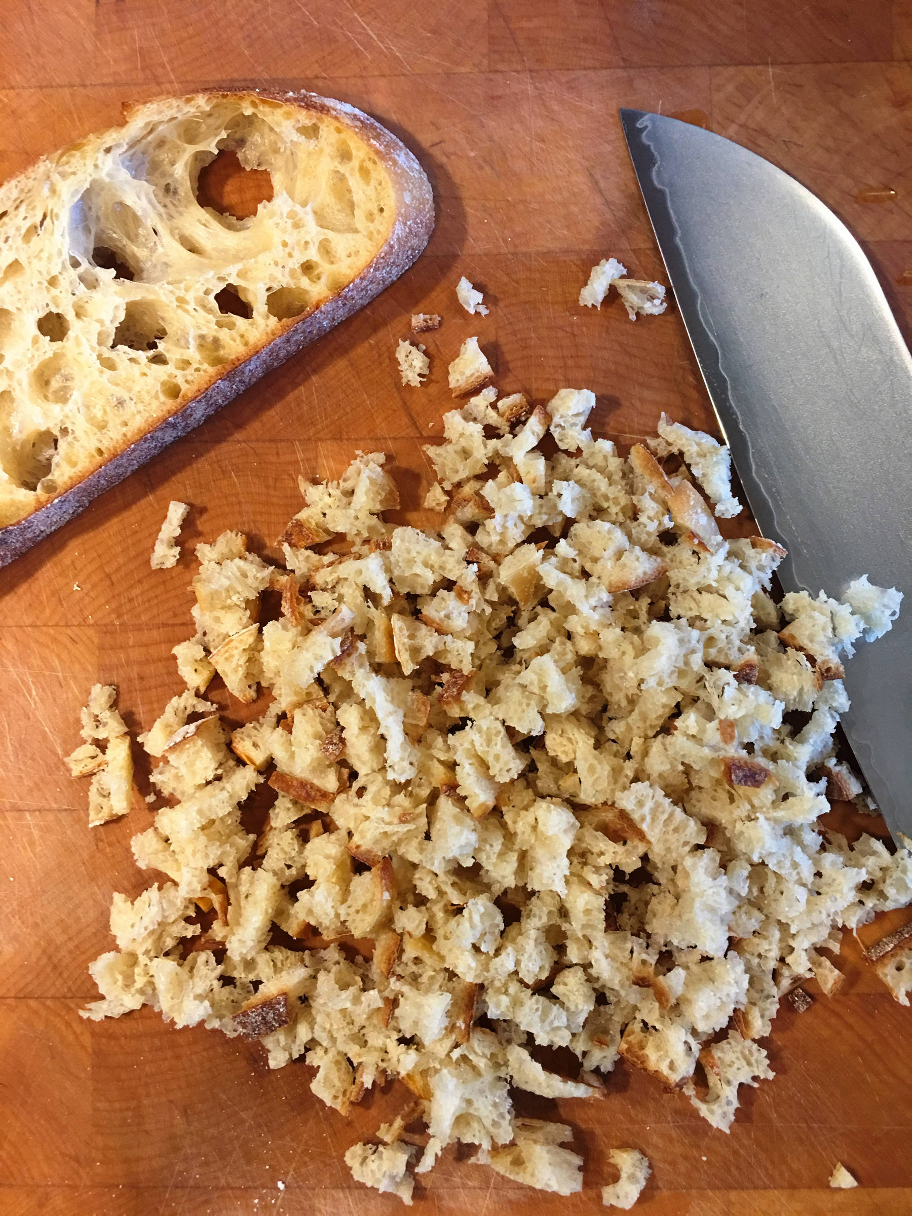 Diced fresh bread for breadcrumbs, aka mini-croutons. (Erin Anais Heist | Juneau Empire)