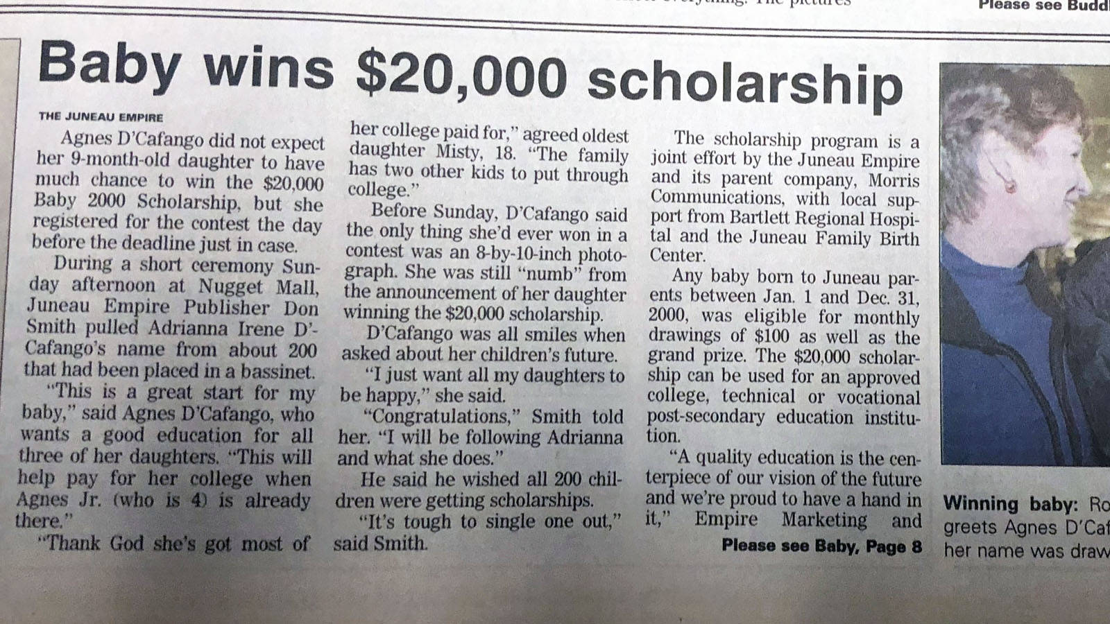 News coverage in the Juneau Empire from 2001 when Adrianna D’Cafango was announced as the scholarship winner. (Juneau Empire)