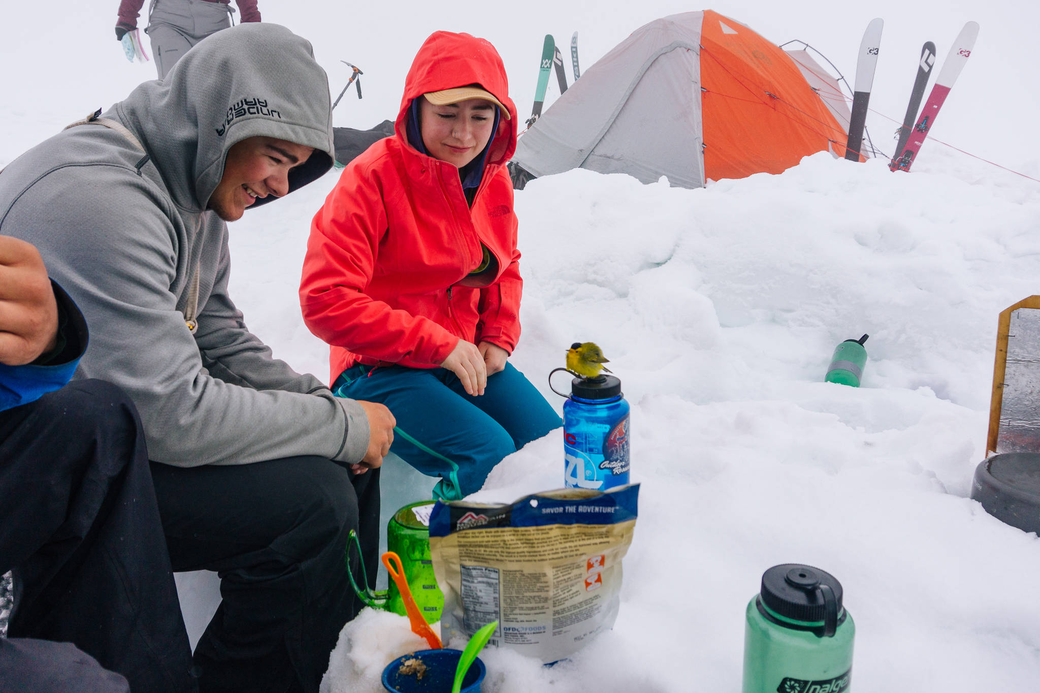 Bird finds our camp in a white out. Left: Seth Classen. Middle: Danika Ingersoll. (Gabe Donohoe | For the Juneau Empire)