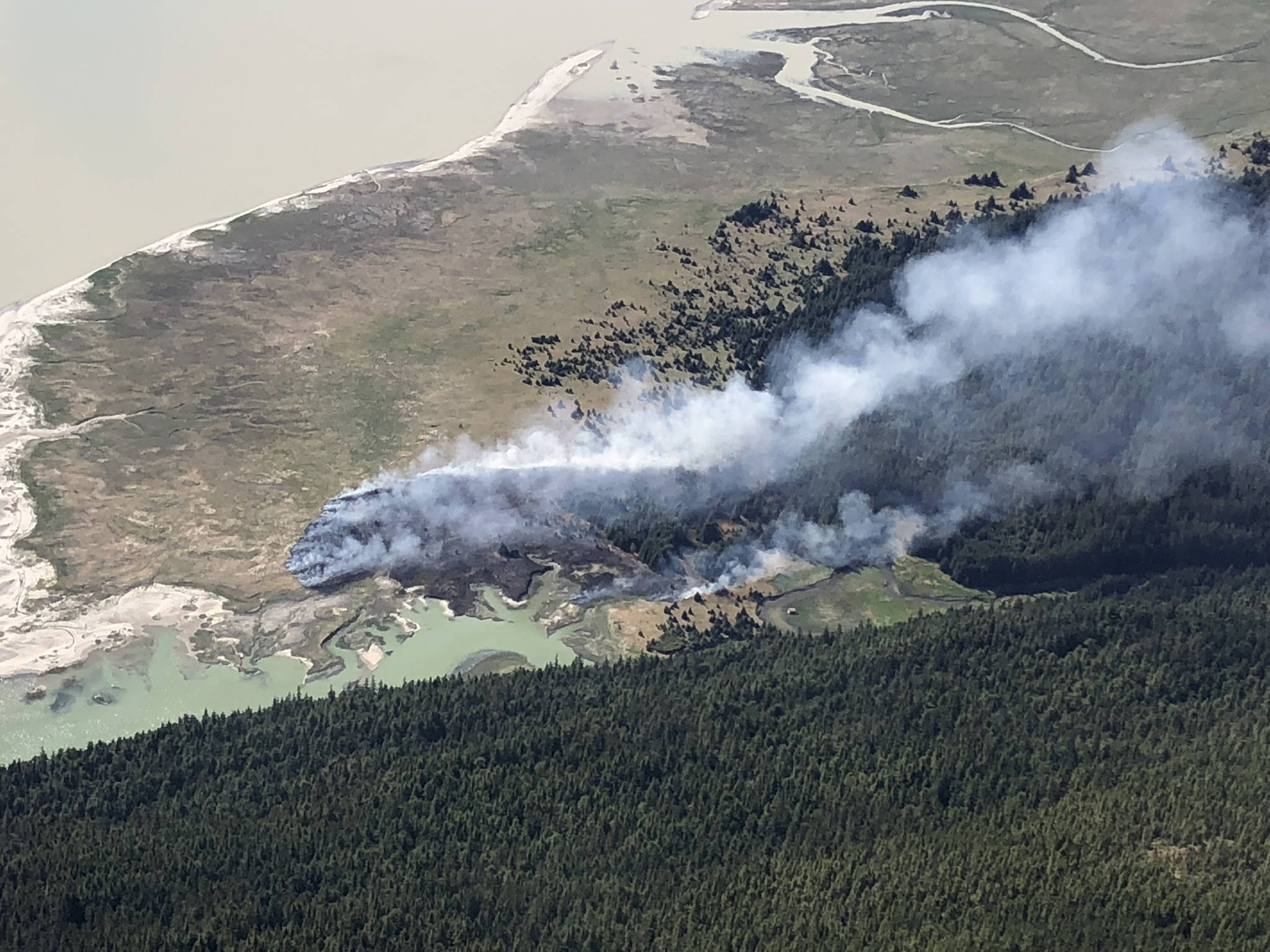 Antler Flats, in the northeast section of Berners Bay, is the site of a 56-acres fire started Thursday. (Photo courtesy Johanna Vollenweider and Jacek Maselko)
